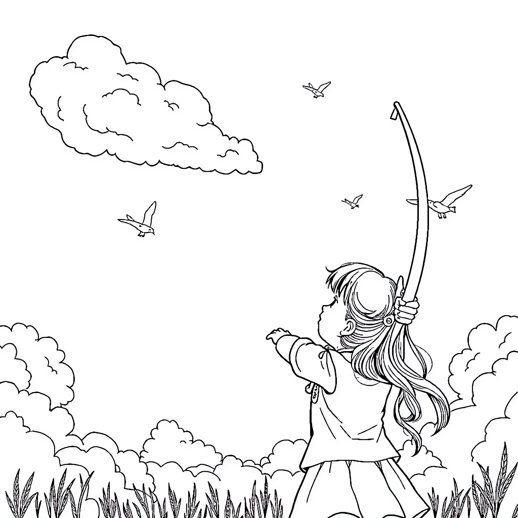 Fille jouant joyeusement avec des papillons dans un champ Coloring Page (free black-and-white line drawing printable PDF for all, from beginners to advanced learners, including children, teens, adults, and seniors)