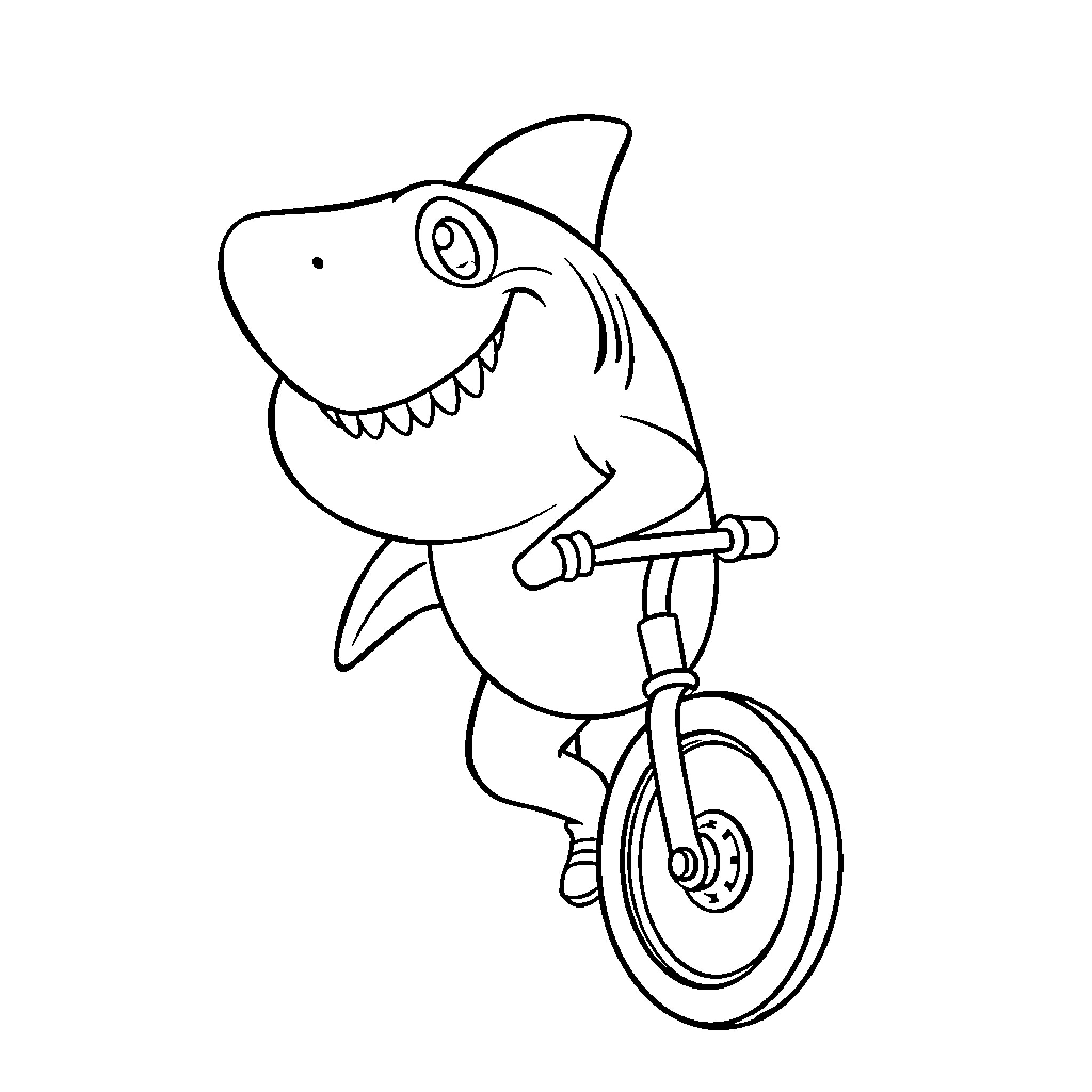Shark riding a bicycle happily Coloring Page (free black-and-white line drawing printable PDF for all, from beginners to advanced learners, including children, teens, adults, and seniors)