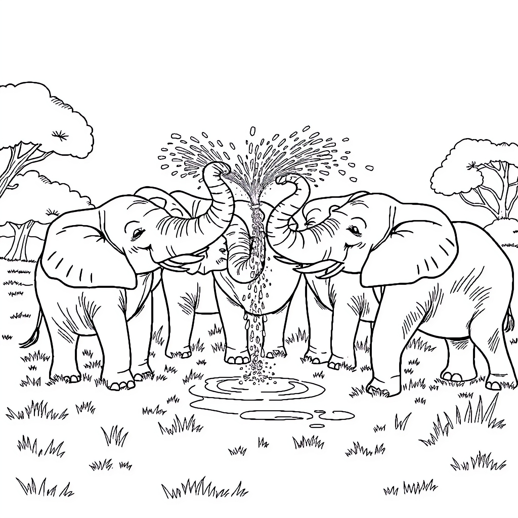 Elephant family enjoying a watering hole in the wild Coloring Page (free black-and-white line drawing printable PDF for all, from beginners to advanced learners, including children, teens, adults, and seniors)
