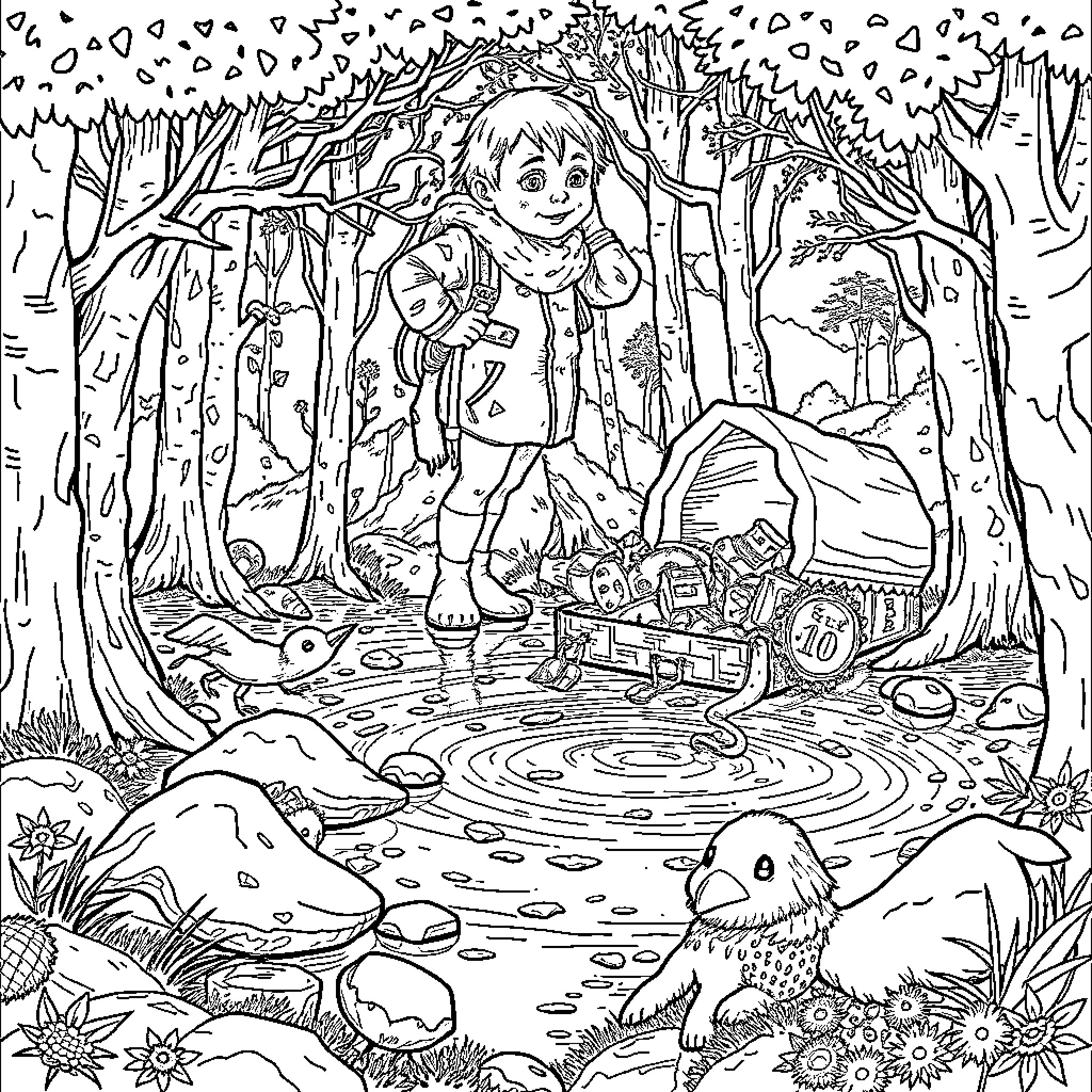 Kind Explorer Discovers Wonders in the Forest Coloring Page (free black-and-white line drawing printable PDF for all, from beginners to advanced learners, including children, teens, adults, and seniors)