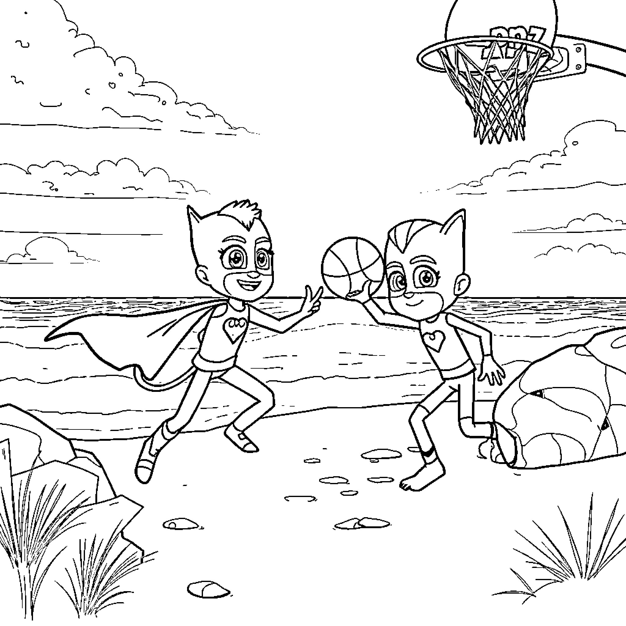 Huntrix characters playing at the beach Coloring Page (free black-and-white line drawing printable PDF for all, from beginners to advanced learners, including children, teens, adults, and seniors)