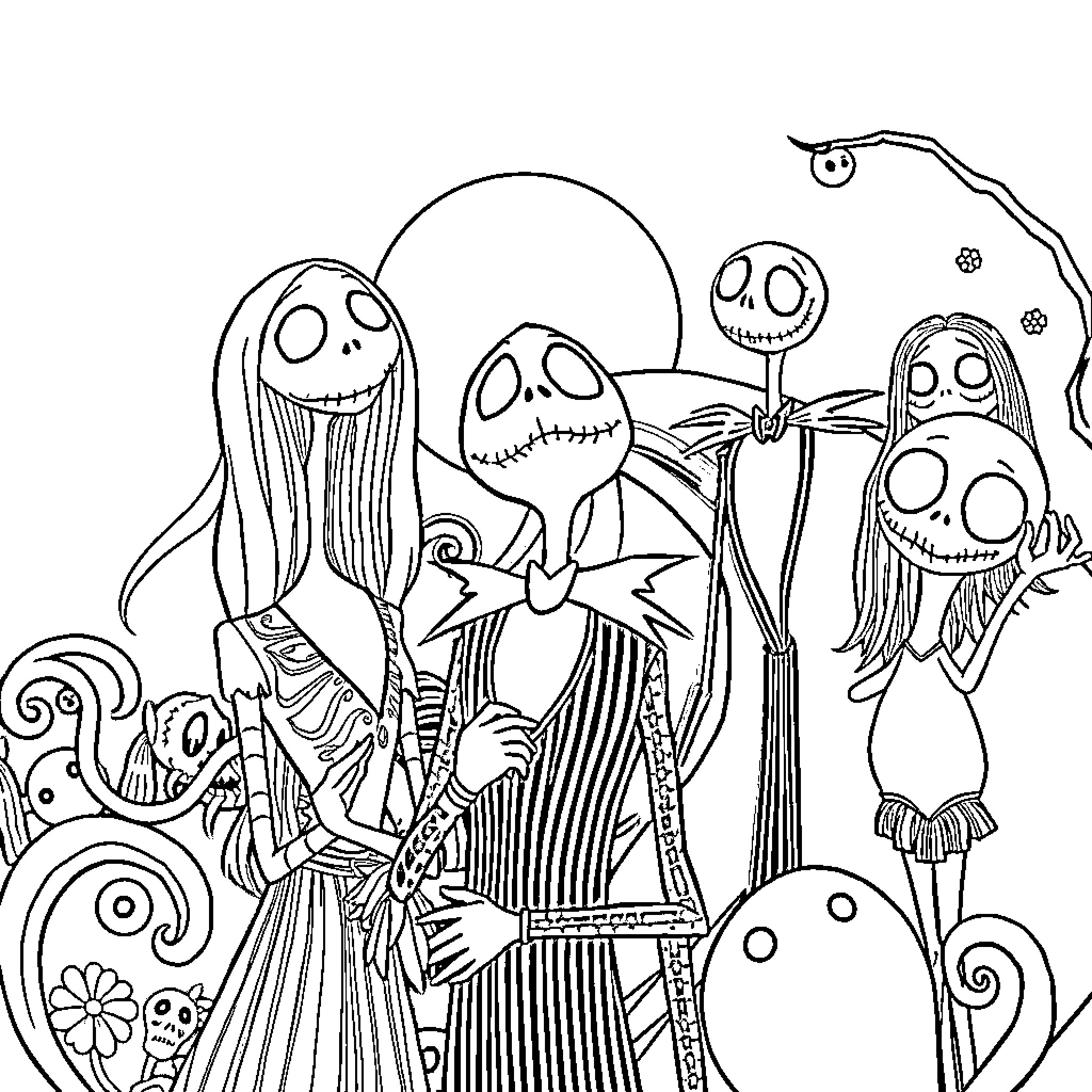 Nightmare Before Christmas: Quirky Creatures in Fantastical Outfits Coloring Page (free black-and-white line drawing printable PDF for all, from beginners to advanced learners, including children, teens, adults, and seniors)