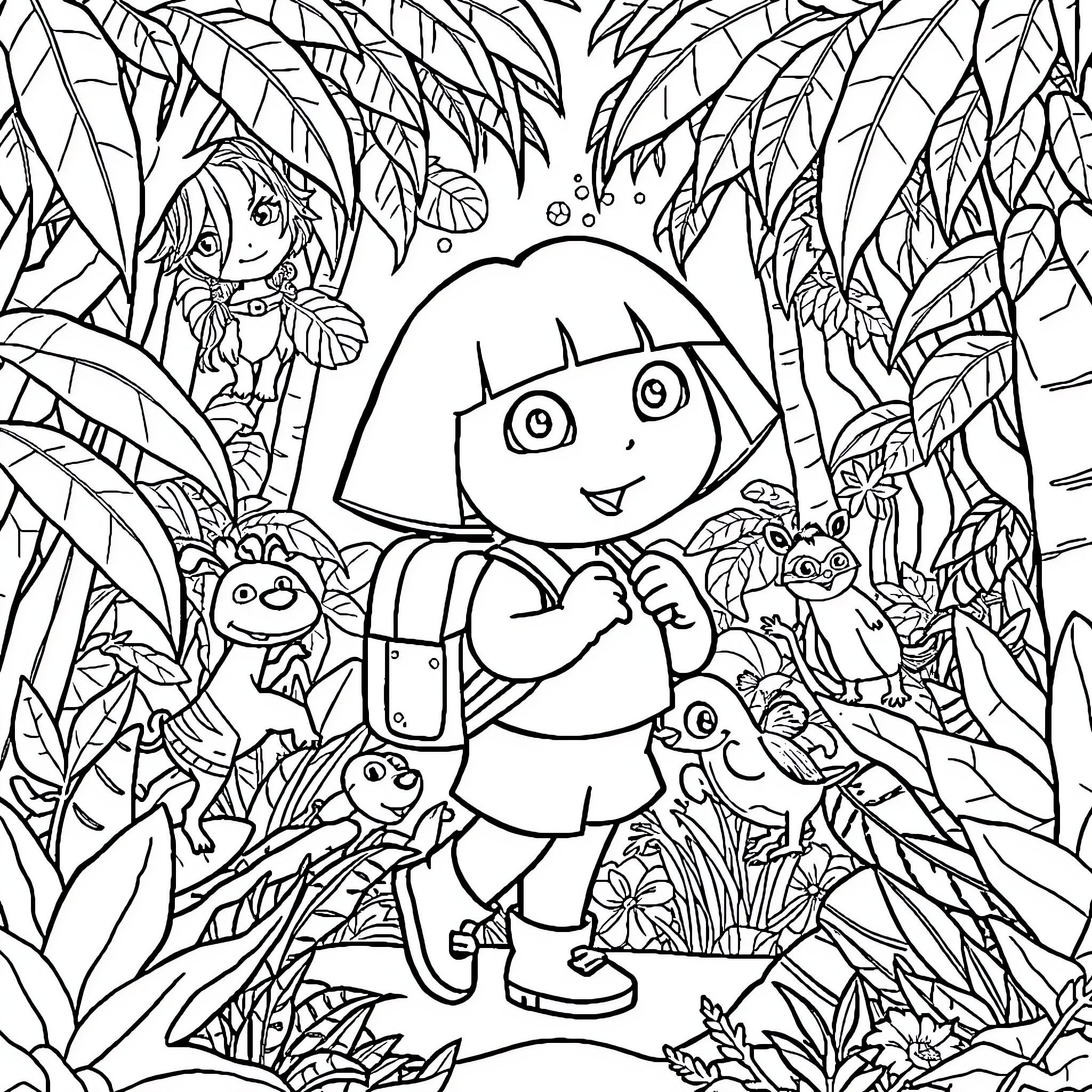 Dora's Adventure in the Enchanted Jungle Coloring Page (free black-and-white line drawing printable PDF for all, from beginners to advanced learners, including children, teens, adults, and seniors)