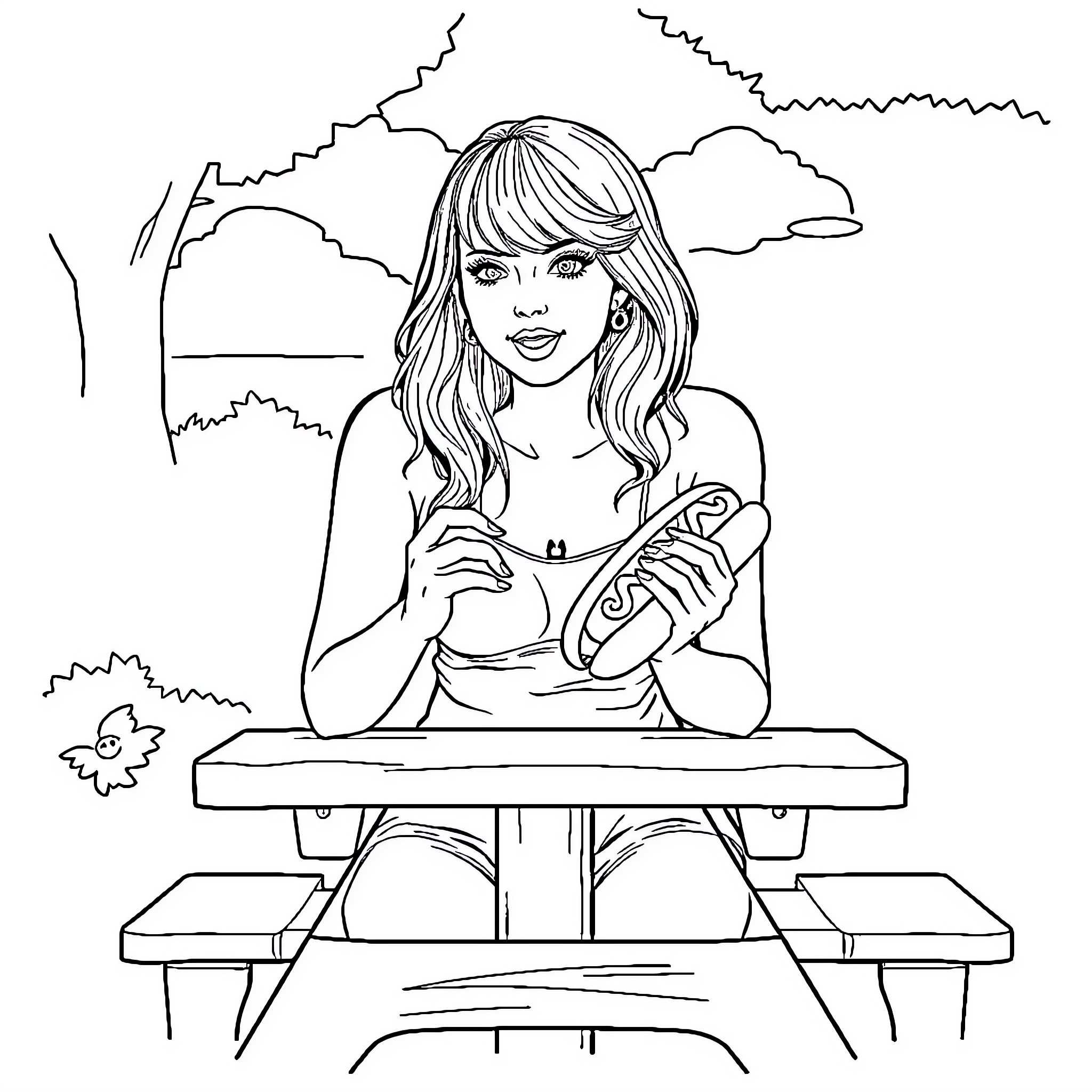 Taylor Swift relaxing outdoors with coffee Coloring Page (free black-and-white line drawing printable PDF for all, from beginners to advanced learners, including children, teens, adults, and seniors)