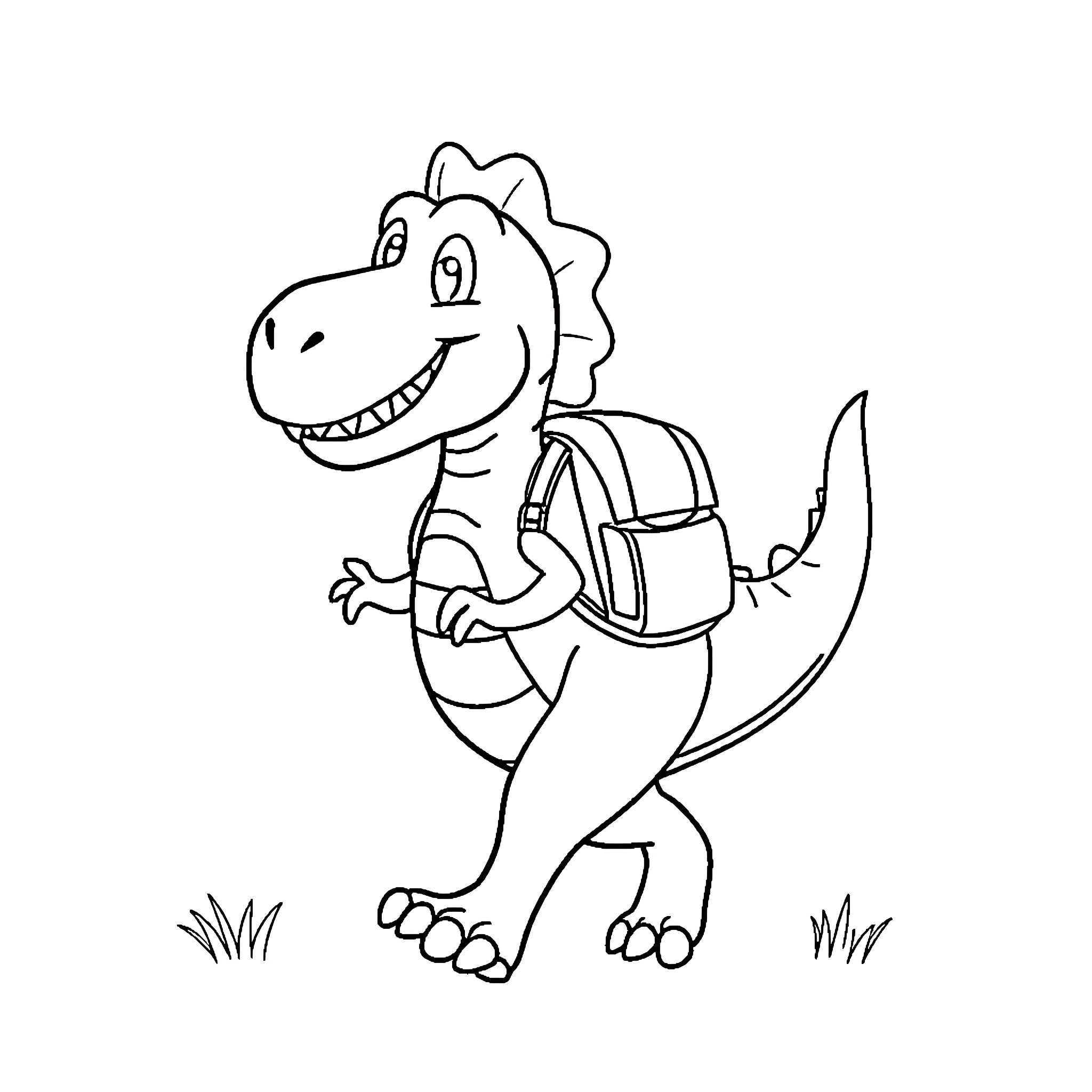 Dinosaur hiking with backpack in the outdoors Coloring Page (free black-and-white line drawing printable PDF for all, from beginners to advanced learners, including children, teens, adults, and seniors)