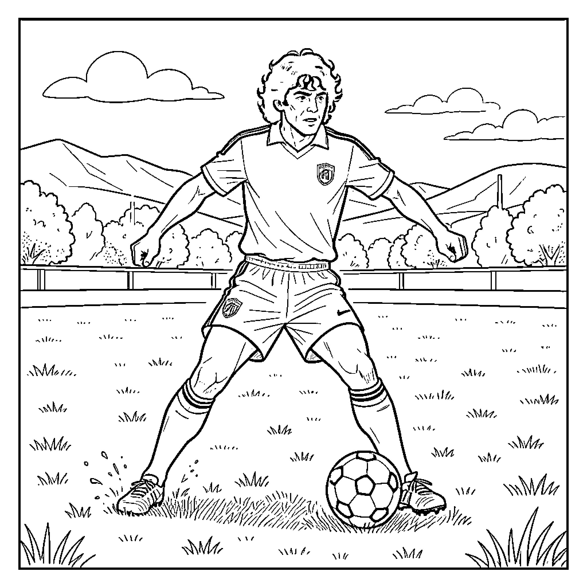 Maradona dribbling a soccer ball on a field Coloring Page (free black-and-white line drawing printable PDF for all, from beginners to advanced learners, including children, teens, adults, and seniors)