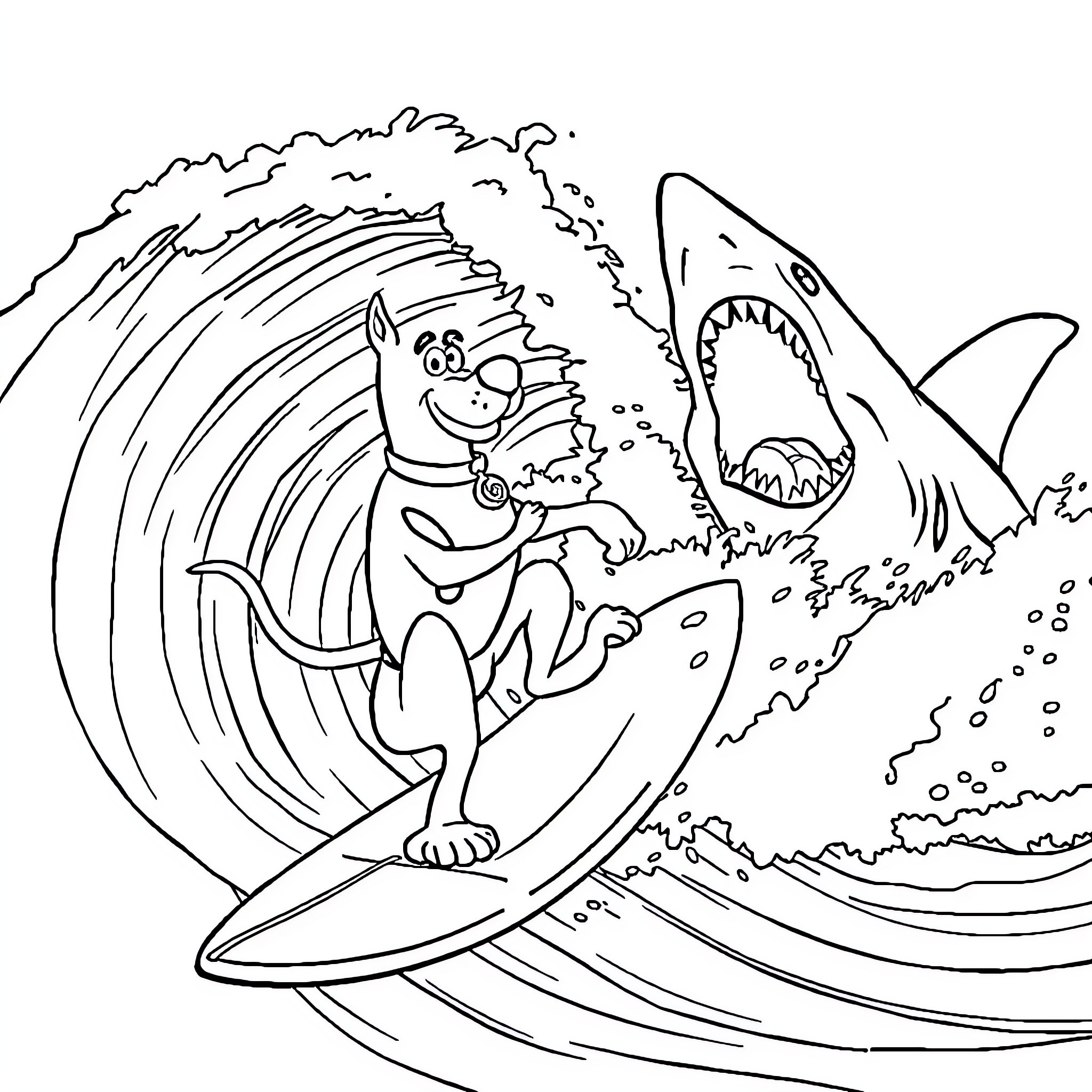 Scooby Doo surfing huge ocean wave with shark attack Coloring Page (free black-and-white line drawing printable PDF for all, from beginners to advanced learners, including children, teens, adults, and seniors)