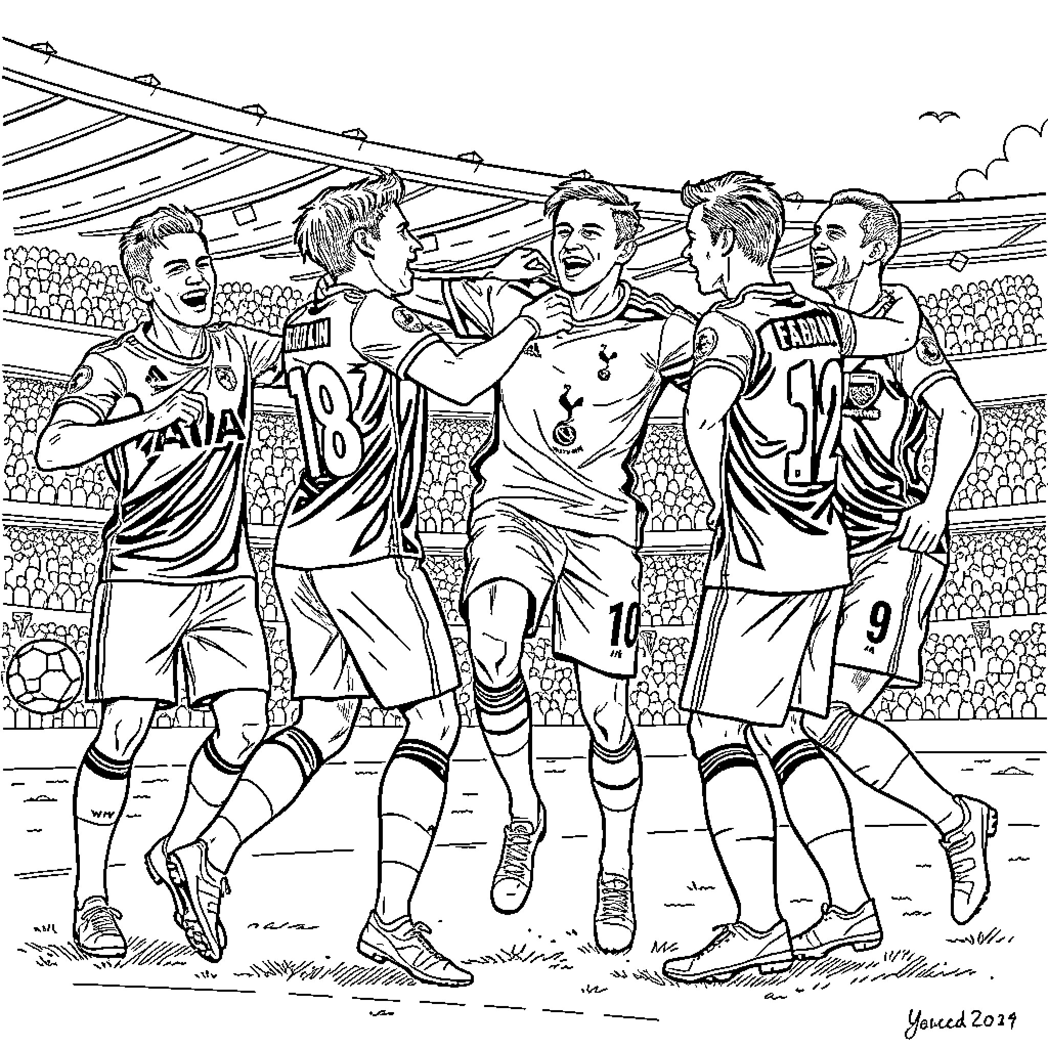 Tottenham Hotspur players celebrating victory on the pitch Coloring Page (free black-and-white line drawing printable PDF for all, from beginners to advanced learners, including children, teens, adults, and seniors)