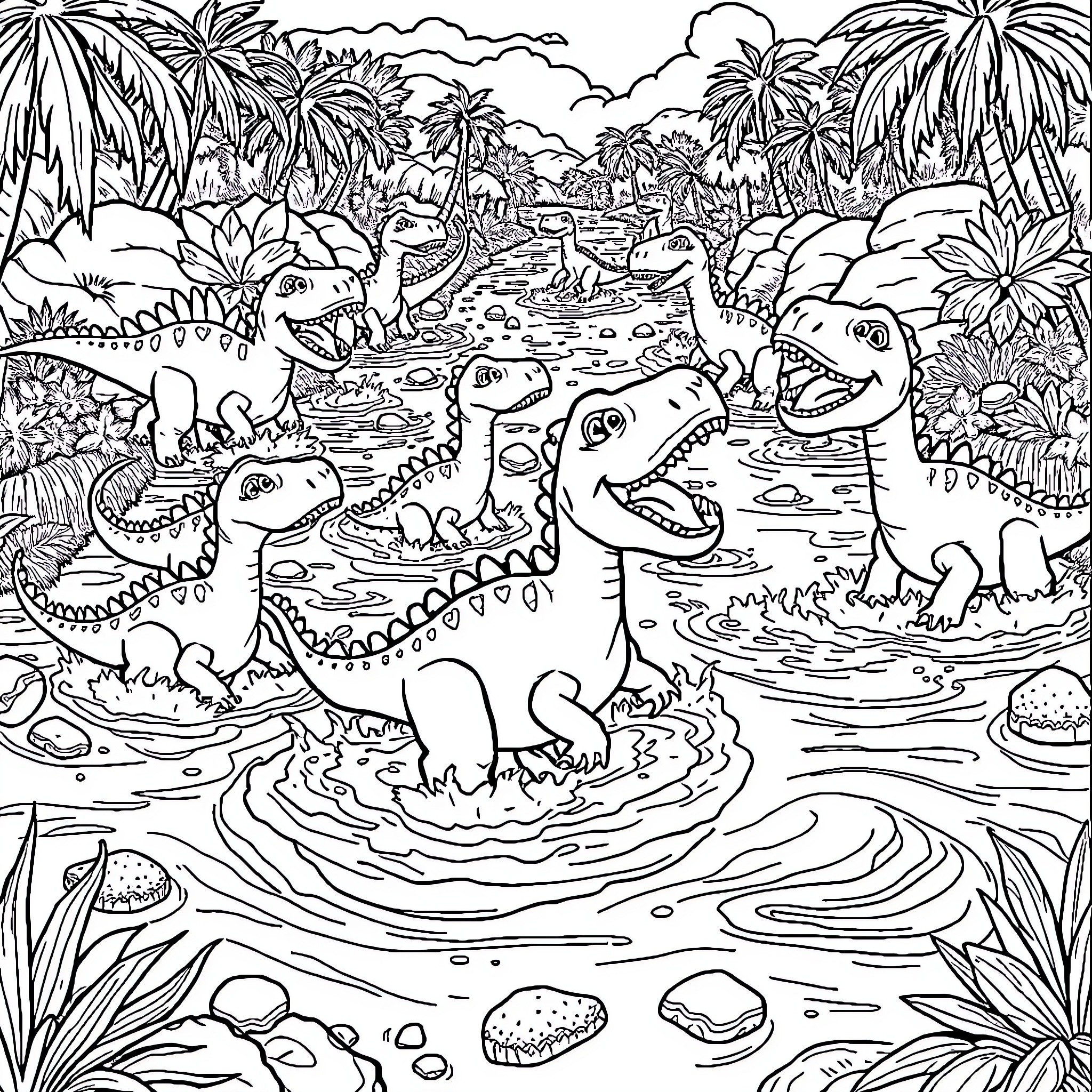 Dino party in the tropical jungle Coloring Page (free black-and-white line drawing printable PDF for all, from beginners to advanced learners, including children, teens, adults, and seniors)
