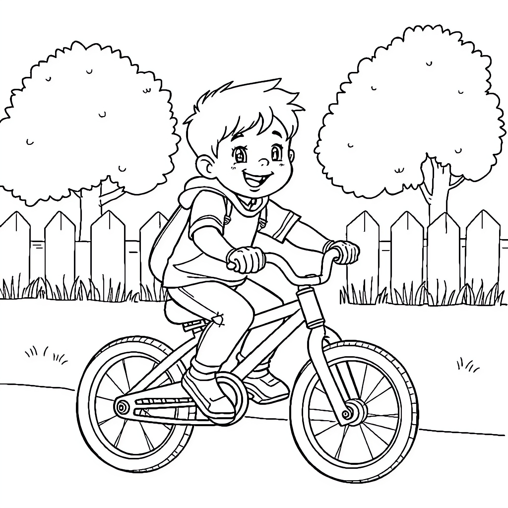 Boy riding bicycle in park with trees Coloring Page (free black-and-white line drawing printable PDF for all, from beginners to advanced learners, including children, teens, adults, and seniors)