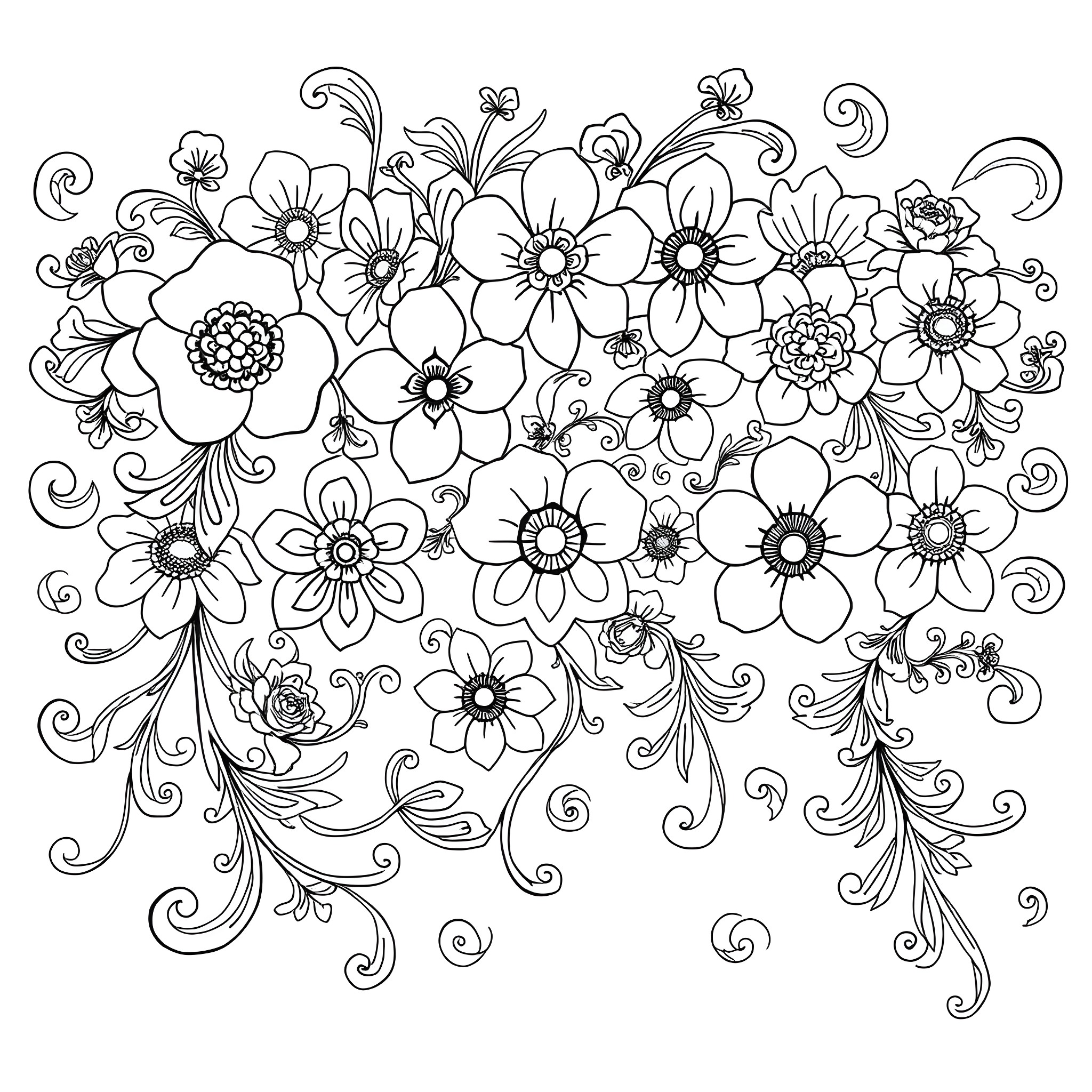 Paisley Flower Garden of Whimsical Blossoms Coloring Page (free black-and-white line drawing printable PDF for all, from beginners to advanced learners, including children, teens, adults, and seniors)