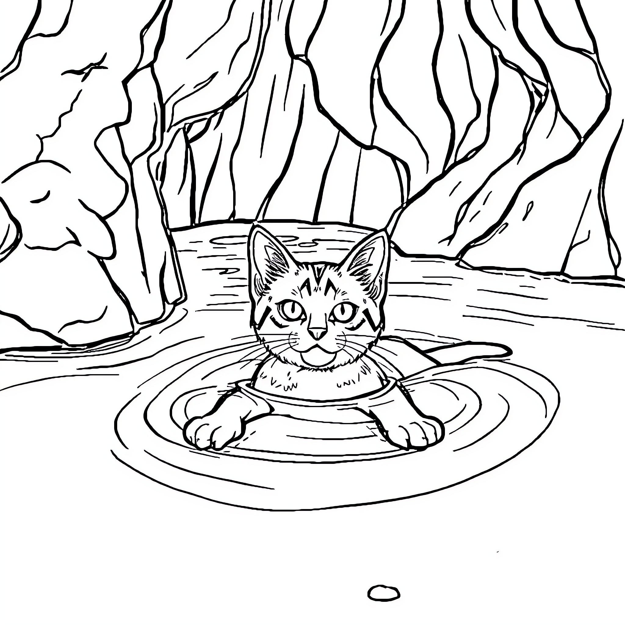 Cat relaxing in a pond Coloring Page (free black-and-white line drawing printable PDF for all, from beginners to advanced learners, including children, teens, adults, and seniors)