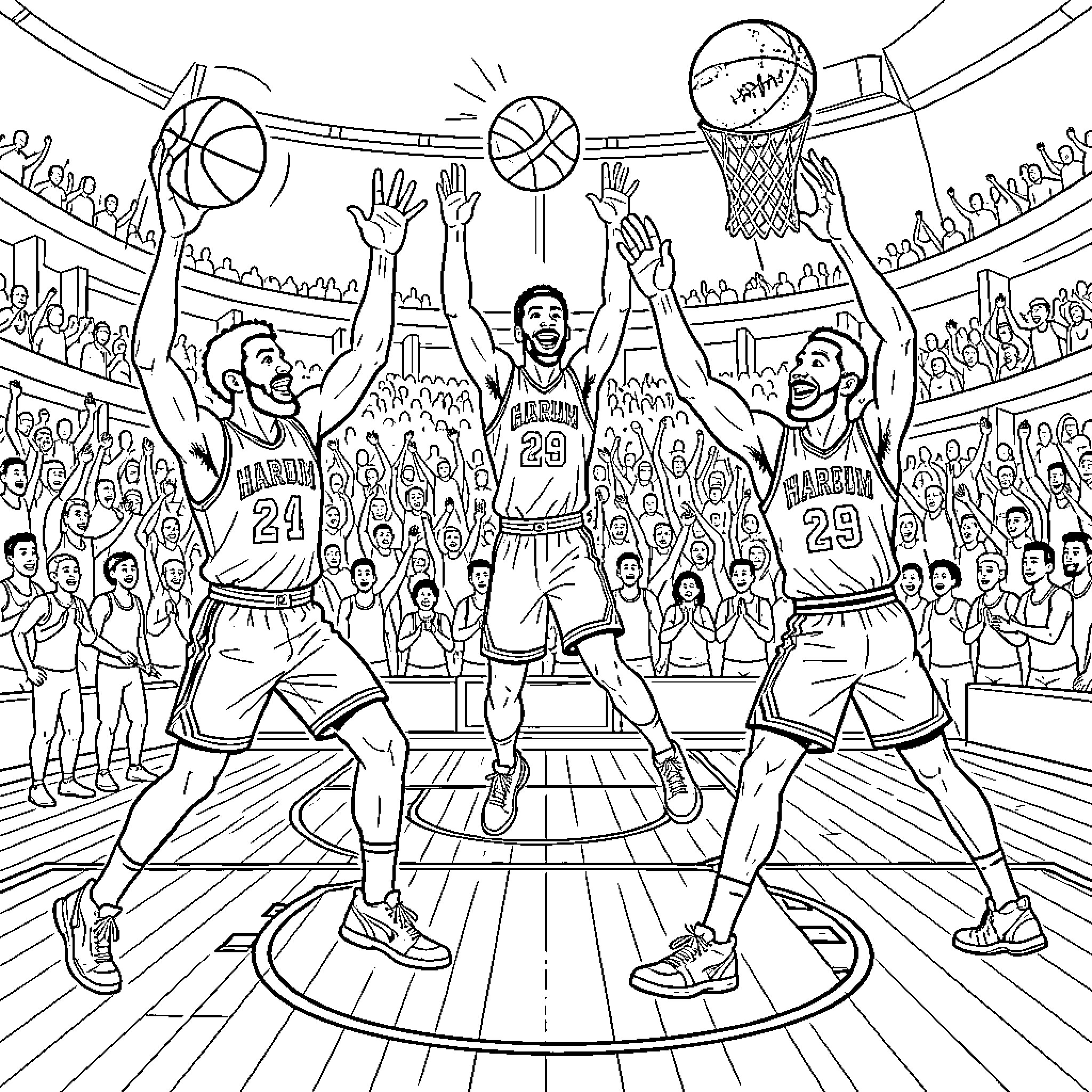 Harlem Globetrotters basketball players performing skills before a crowd Coloring Page (free black-and-white line drawing printable PDF for all, from beginners to advanced learners, including children, teens, adults, and seniors)