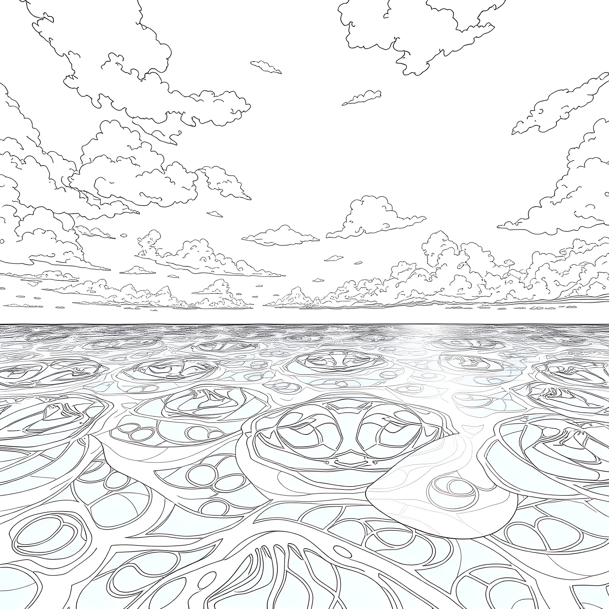 Kaleidoscope of Tranquil Waters and Ethereal Skies Coloring Page (free black-and-white line drawing printable PDF for all, from beginners to advanced learners, including children, teens, adults, and seniors)