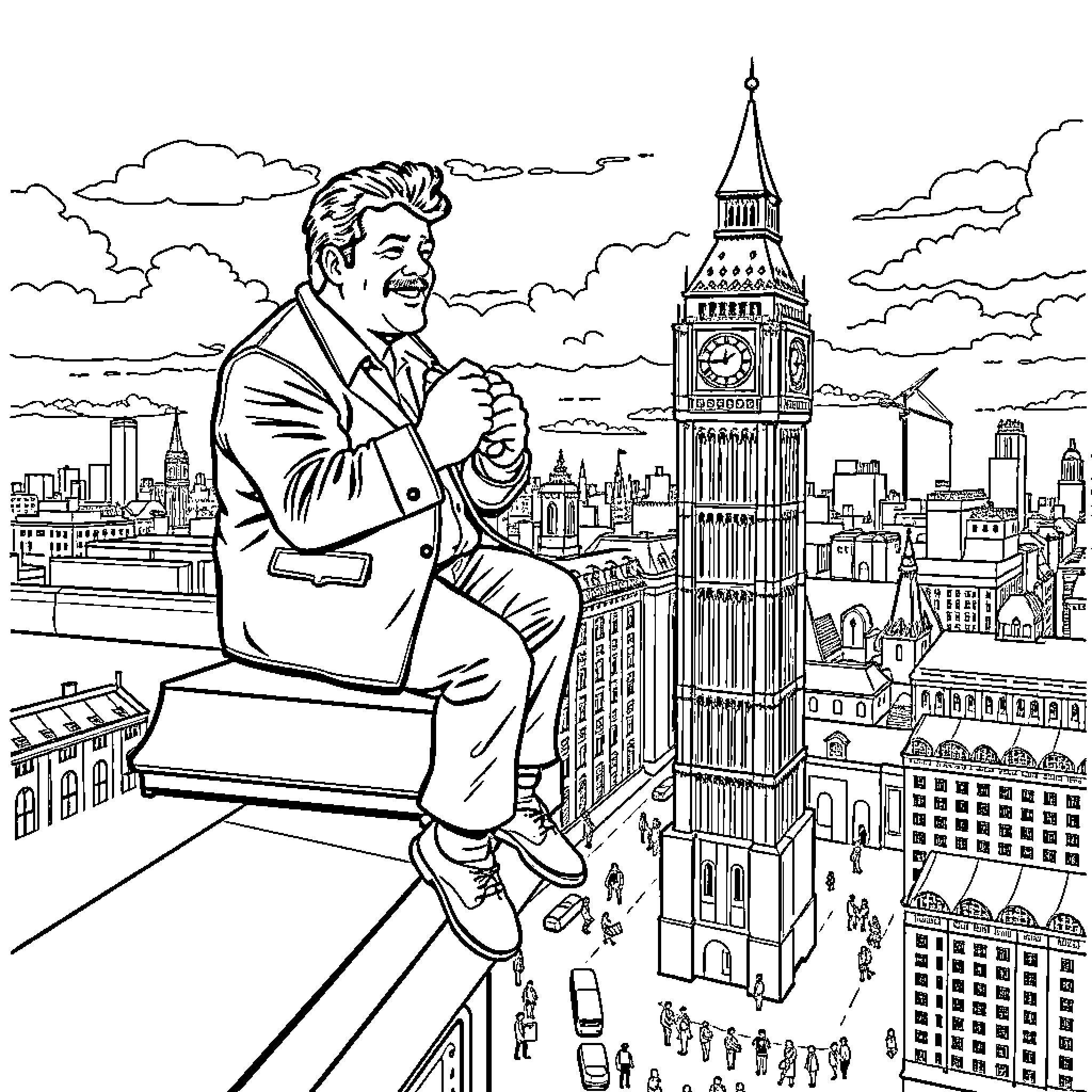 Pablo Escobar strolling through a bustling cityscape Coloring Page (free black-and-white line drawing printable PDF for all, from beginners to advanced learners, including children, teens, adults, and seniors)
