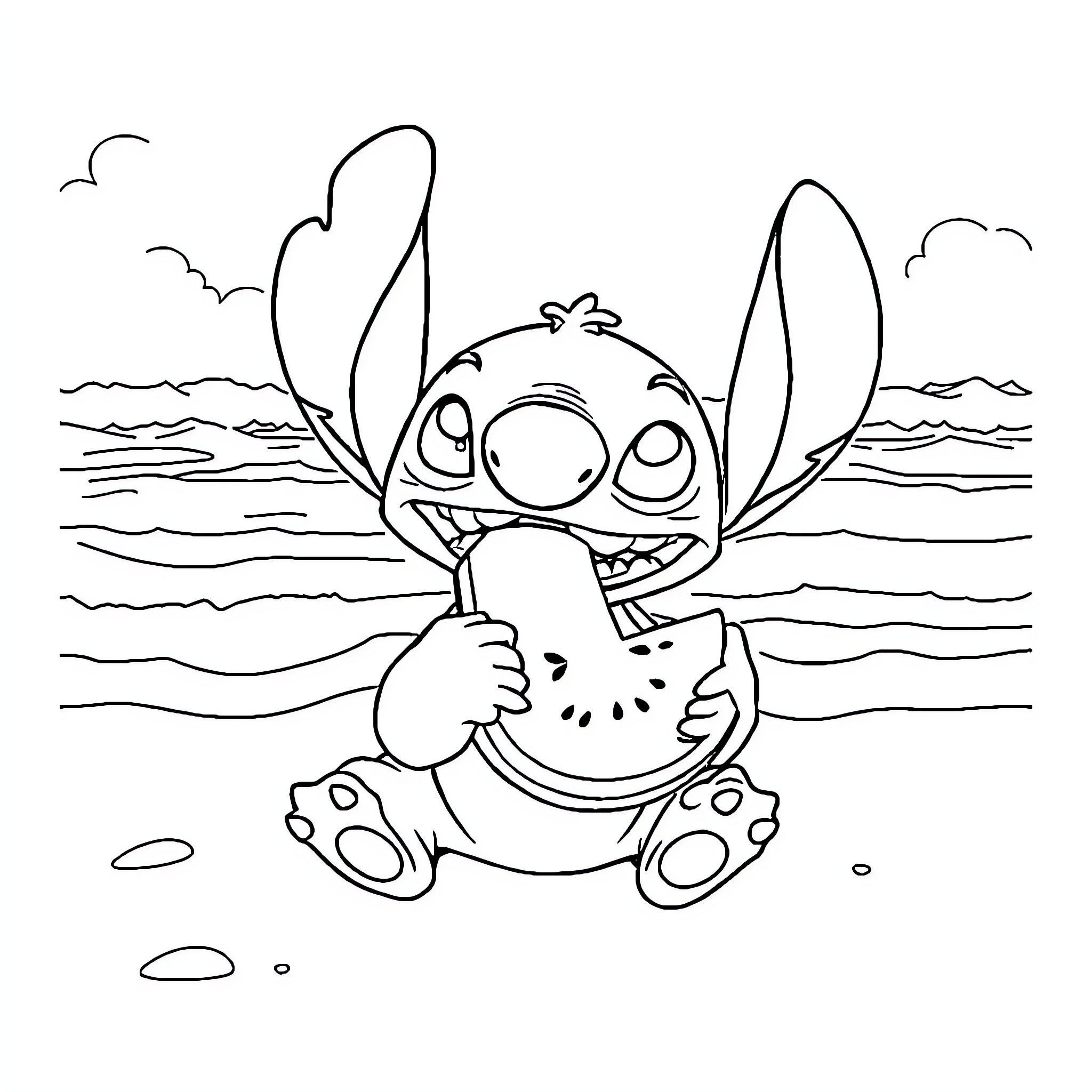 Stitch enjoying a juicy watermelon on the beach Coloring Page (free black-and-white line drawing printable PDF for all, from beginners to advanced learners, including children, teens, adults, and seniors)