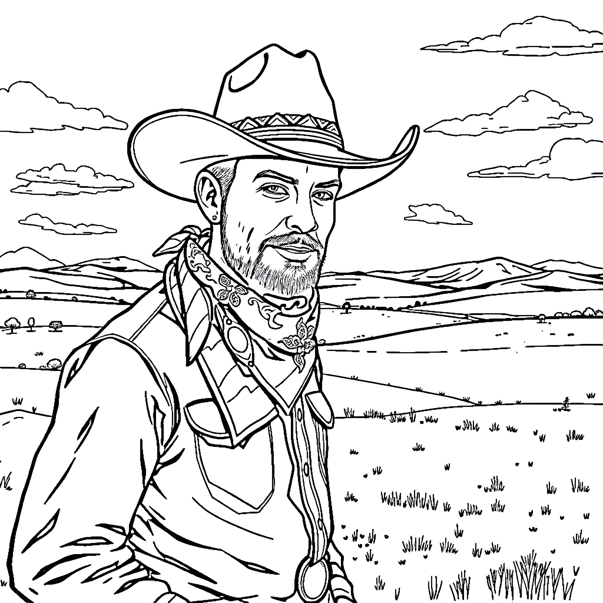 Cowboy standing proud in the vast wilderness Coloring Page (free black-and-white line drawing printable PDF for all, from beginners to advanced learners, including children, teens, adults, and seniors)