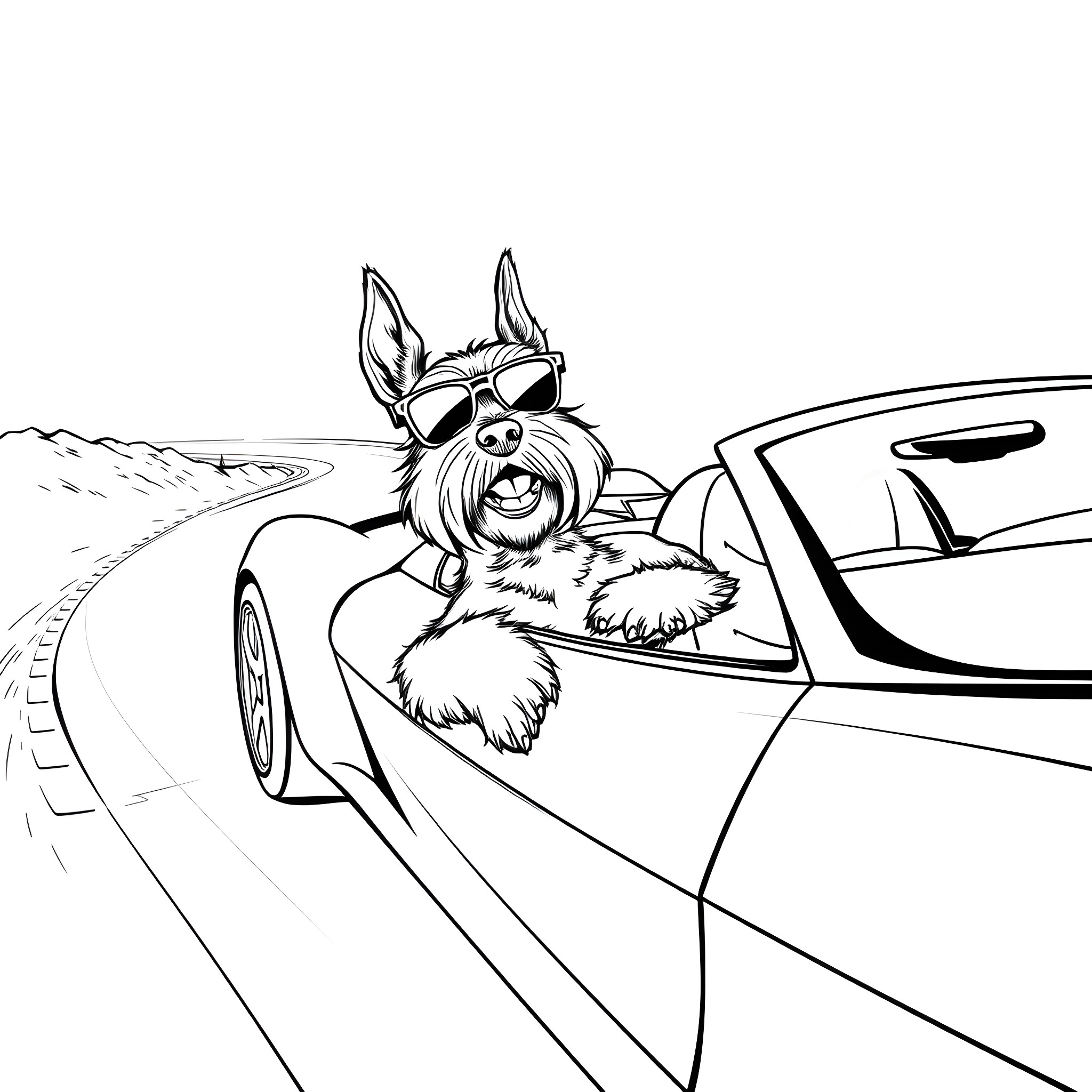 Schnauzer enjoying car ride on the road Coloring Page (free black-and-white line drawing printable PDF for all, from beginners to advanced learners, including children, teens, adults, and seniors)