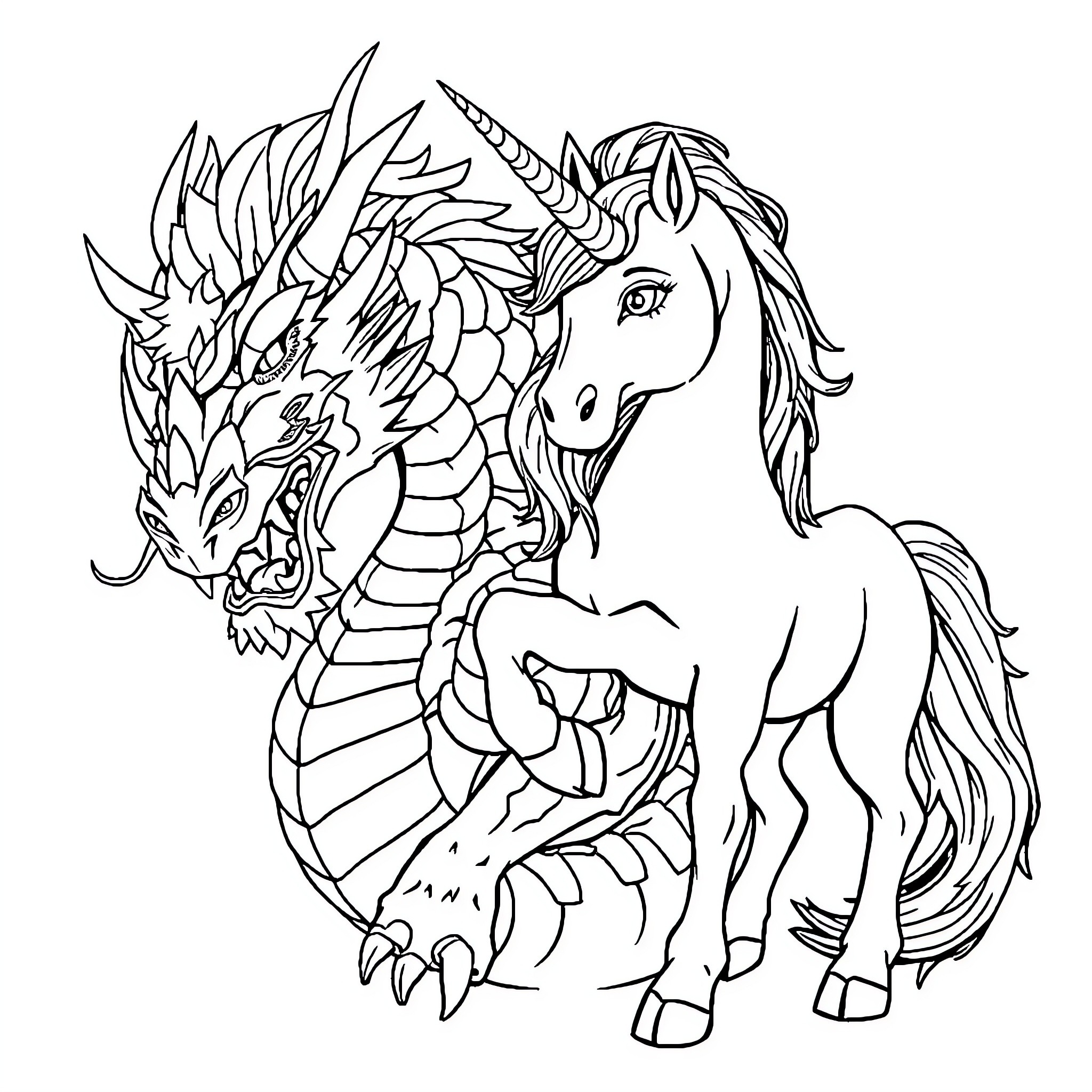 Unicorn and Dragon in Fantastical Encounter Coloring Page (free black-and-white line drawing printable PDF for all, from beginners to advanced learners, including children, teens, adults, and seniors)