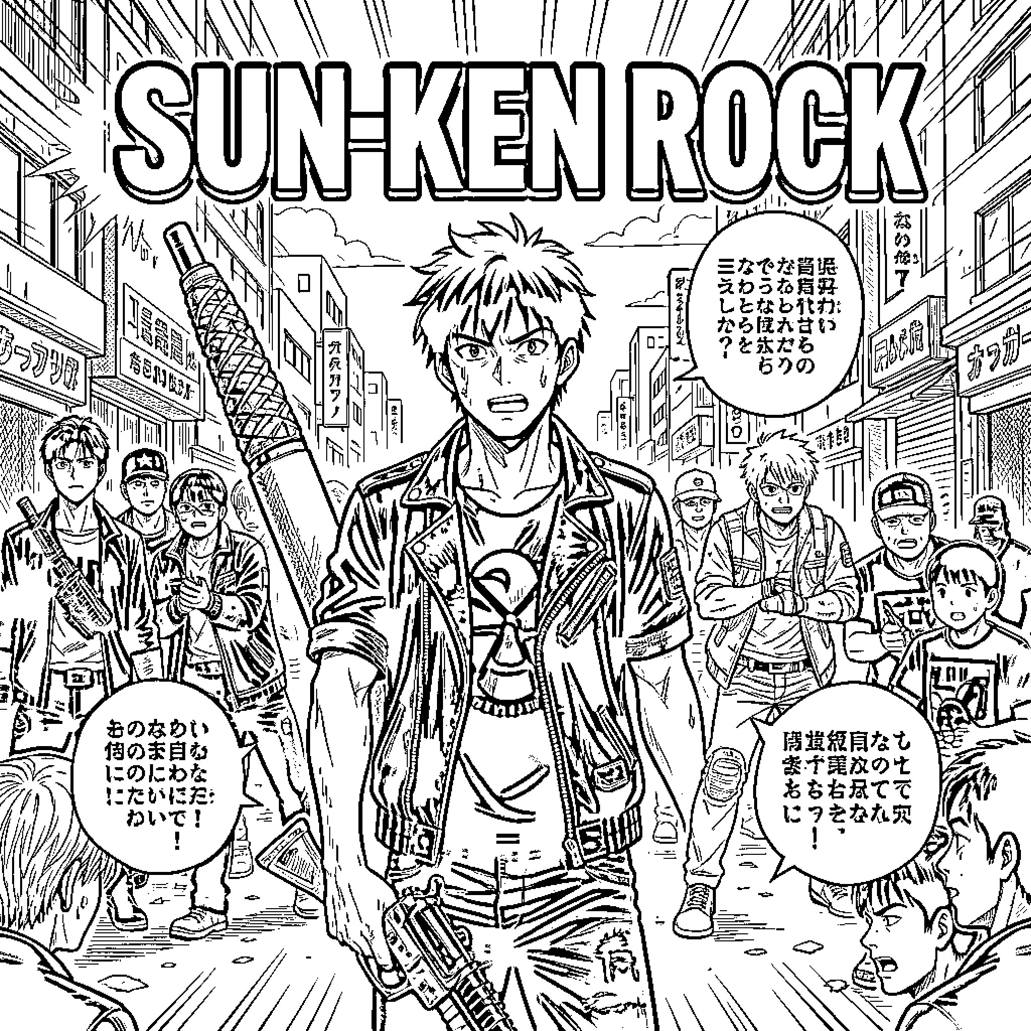 Manga featuring a determined character walking through a city street Coloring Page (free black-and-white line drawing printable PDF for all, from beginners to advanced learners, including children, teens, adults, and seniors)