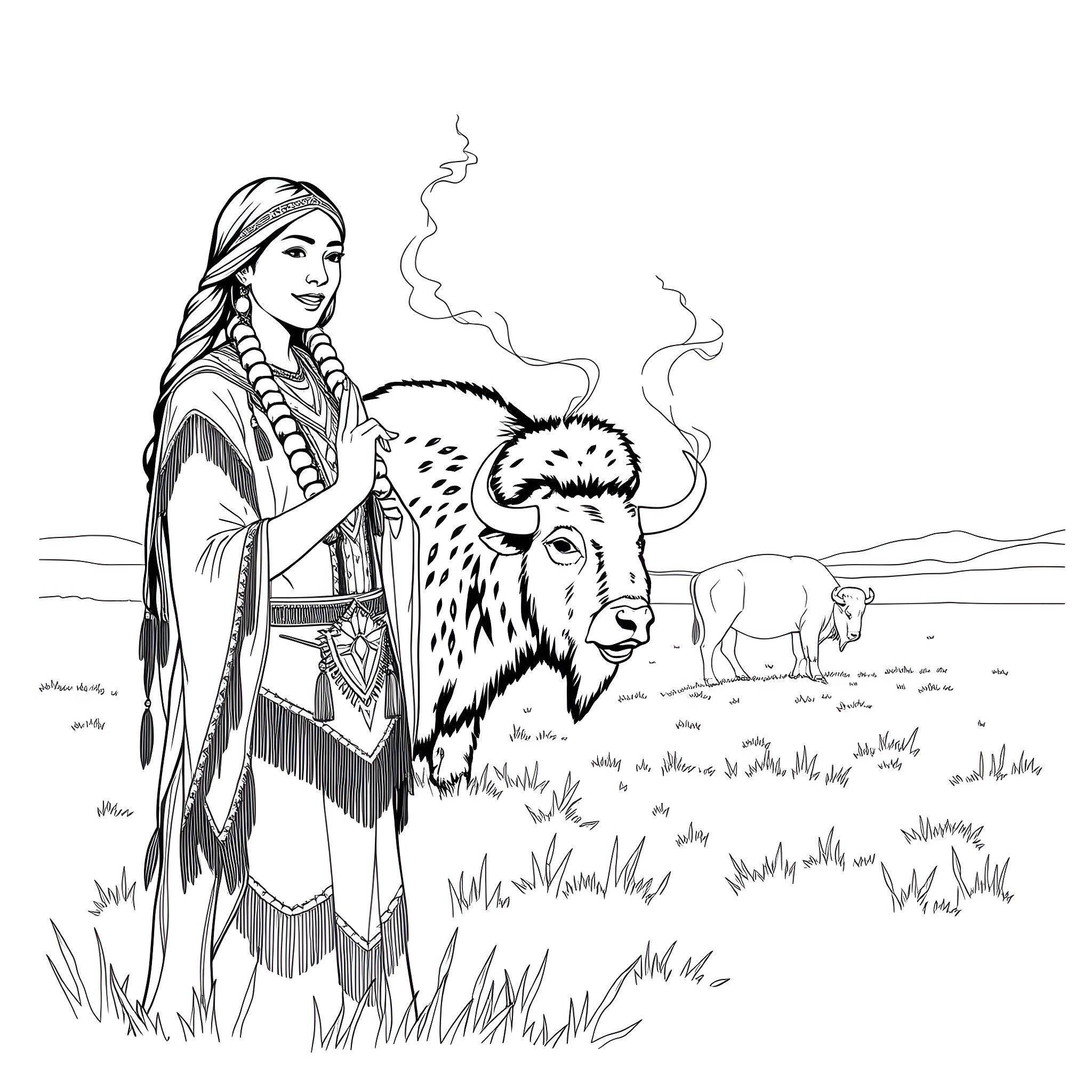 Woman in traditional Native American attire with a buffalo Coloring Page (free black-and-white line drawing printable PDF for all, from beginners to advanced learners, including children, teens, adults, and seniors)