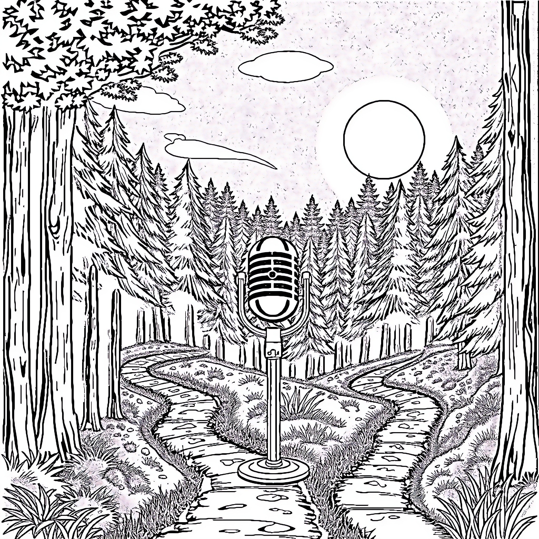 Microphone in the Serene Forest Landscape Coloring Page (free black-and-white line drawing printable PDF for all, from beginners to advanced learners, including children, teens, adults, and seniors)