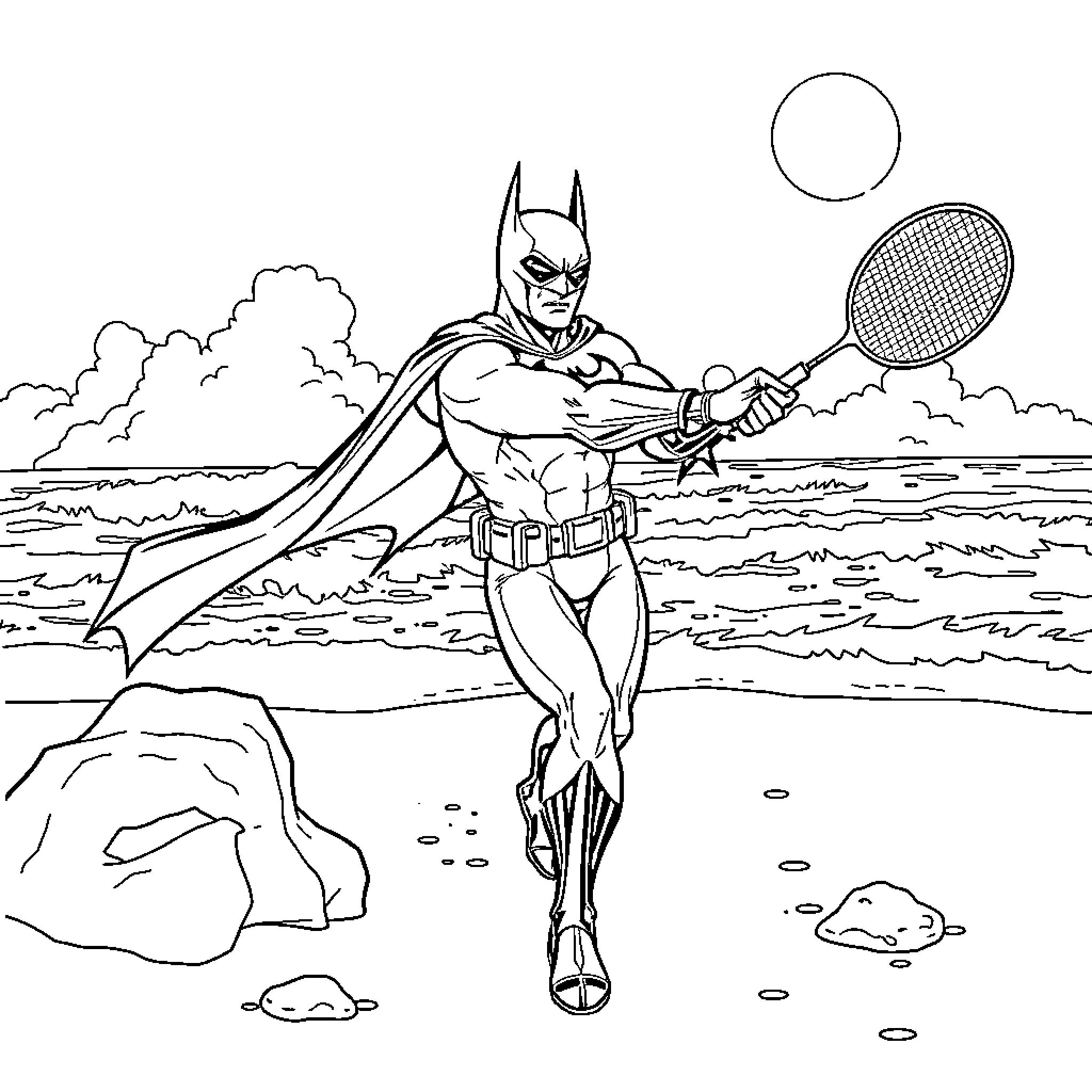 Batman playing tennis on the beach Coloring Page (free black-and-white line drawing printable PDF for all, from beginners to advanced learners, including children, teens, adults, and seniors)