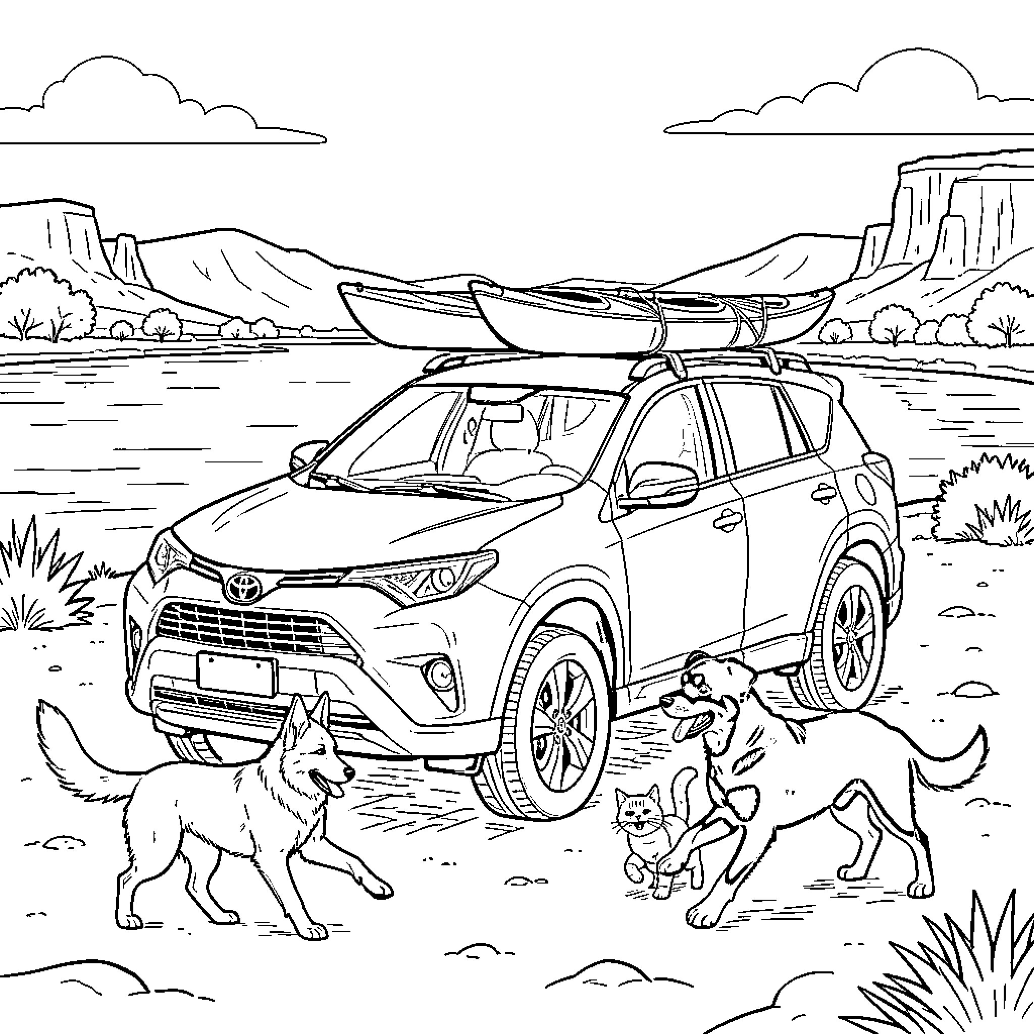 Car parked near a lake with dogs playing Coloring Page (free black-and-white line drawing printable PDF for all, from beginners to advanced learners, including children, teens, adults, and seniors)
