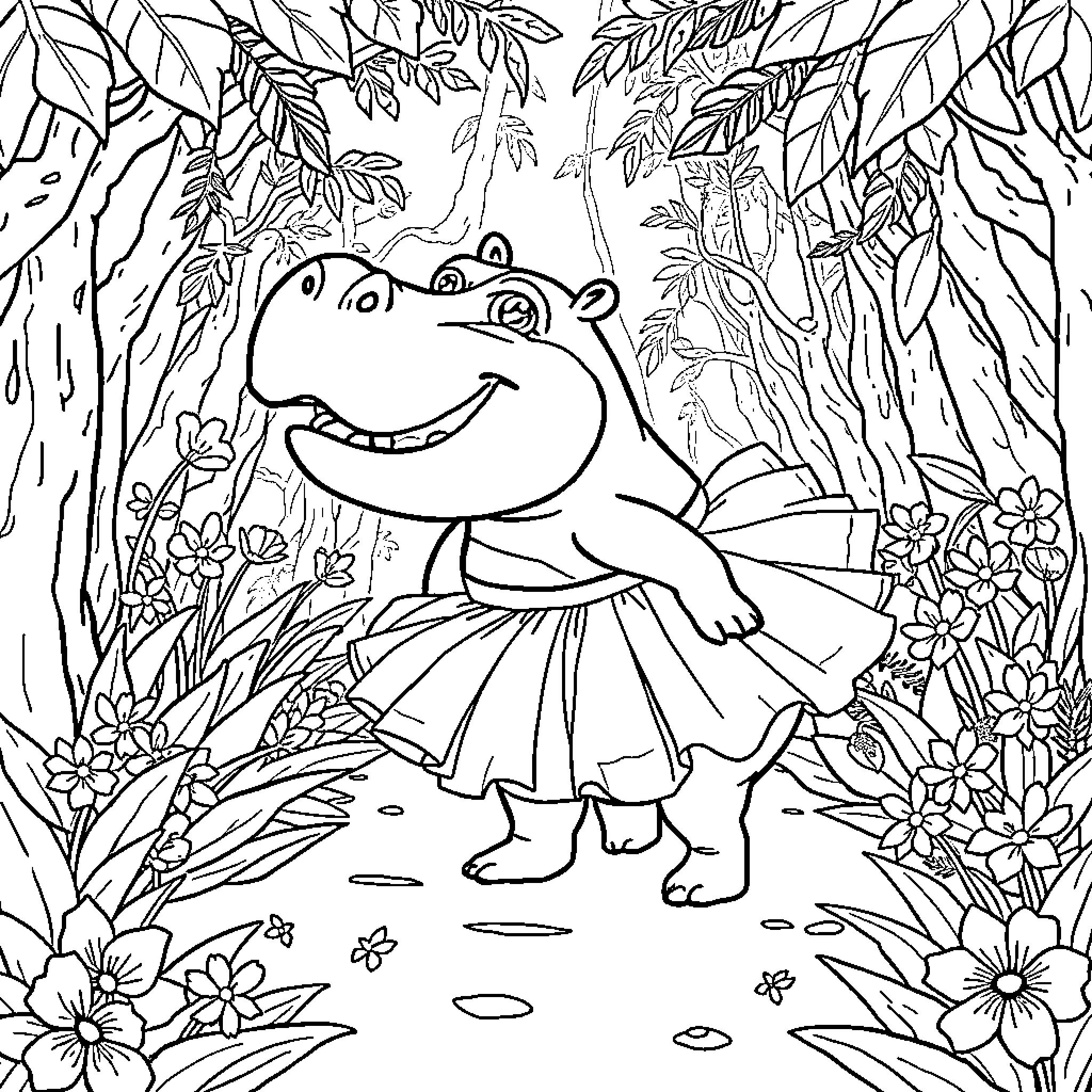 Hippopotamus ballerina dancing in the jungle Coloring Page (free black-and-white line drawing printable PDF for all, from beginners to advanced learners, including children, teens, adults, and seniors)