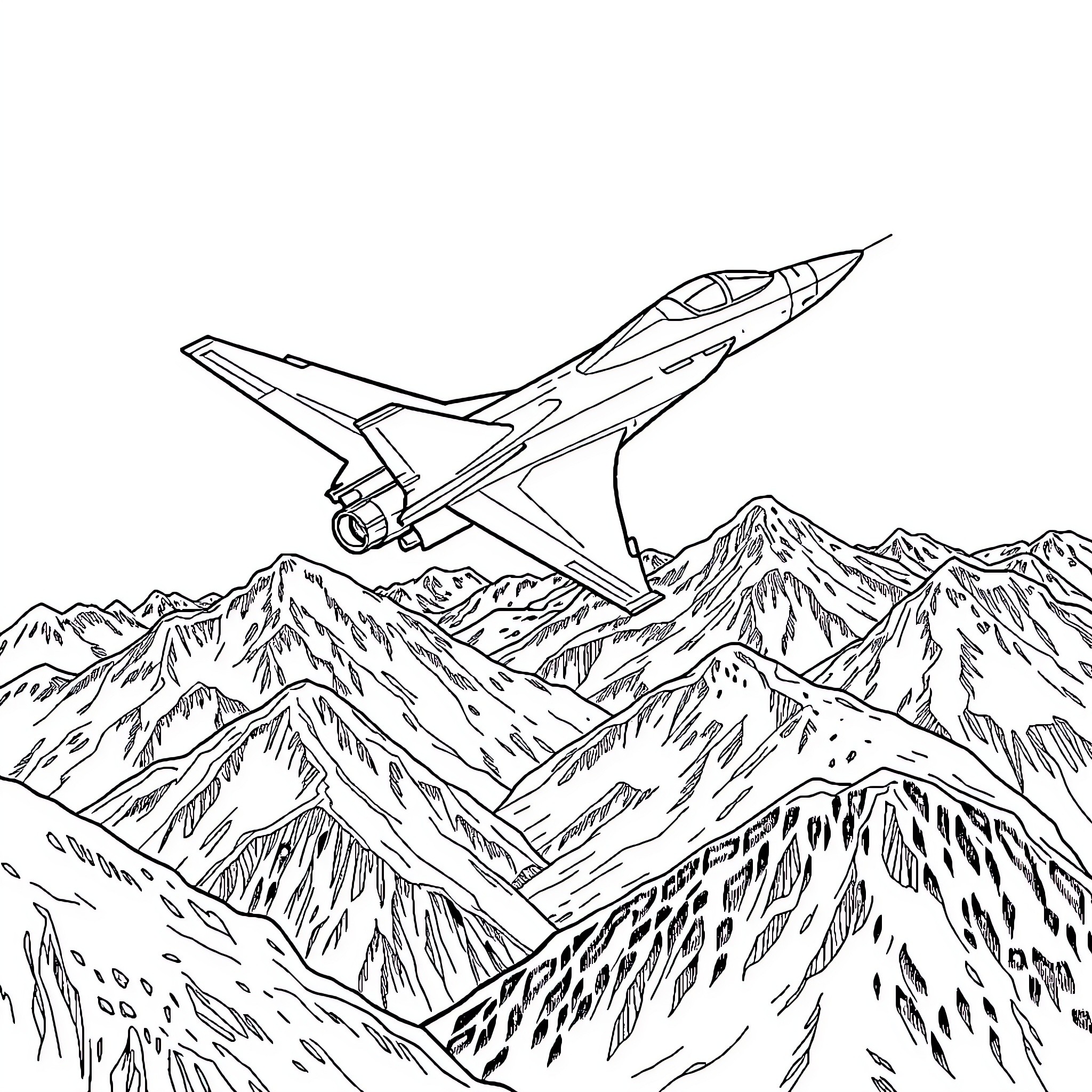 Fighter Jet soaring over rugged mountain range Coloring Page (free black-and-white line drawing printable PDF for all, from beginners to advanced learners, including children, teens, adults, and seniors)