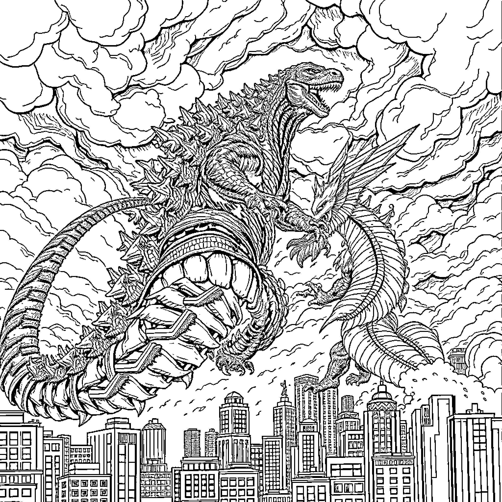 Godzilla rampaging through the city Coloring Page (free black-and-white line drawing printable PDF for all, from beginners to advanced learners, including children, teens, adults, and seniors)