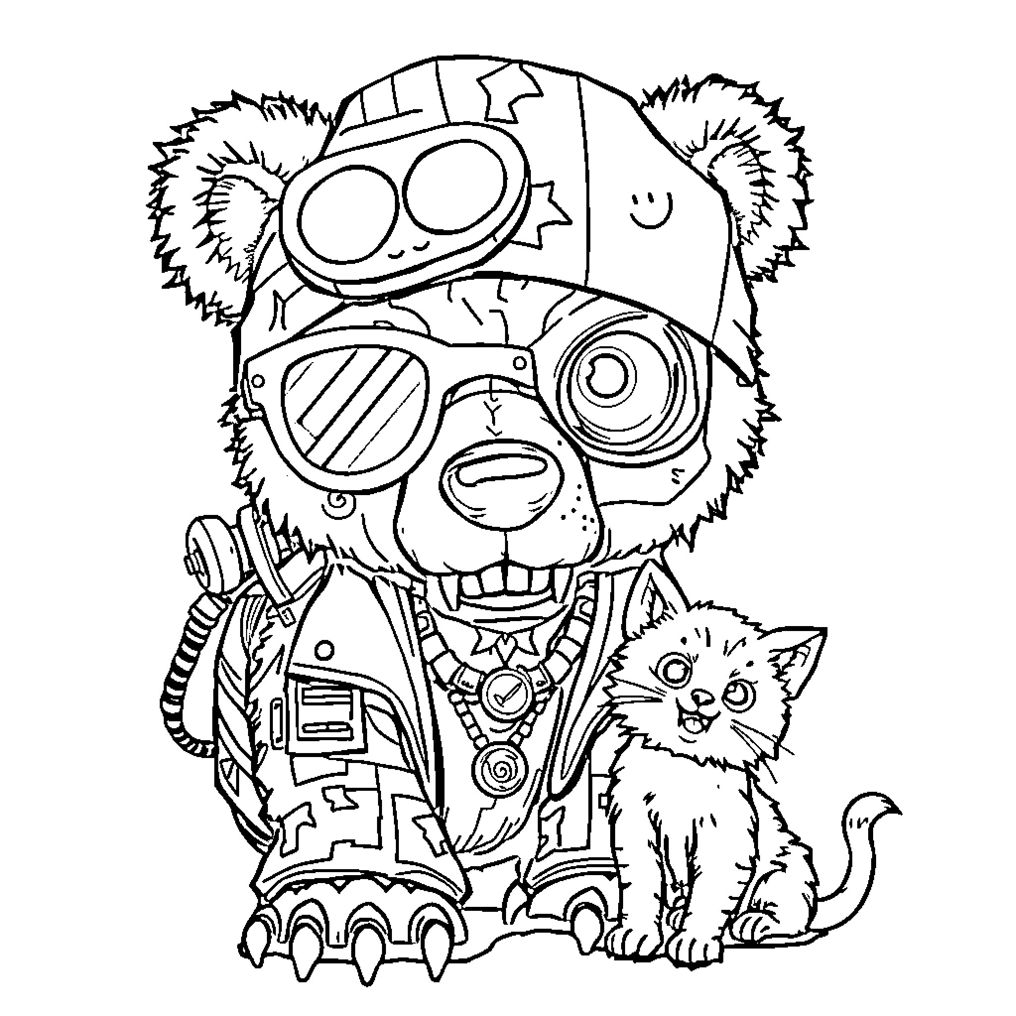 Zombie Robot Pet Embracing Kitten Coloring Page (free black-and-white line drawing printable PDF for all, from beginners to advanced learners, including children, teens, adults, and seniors)