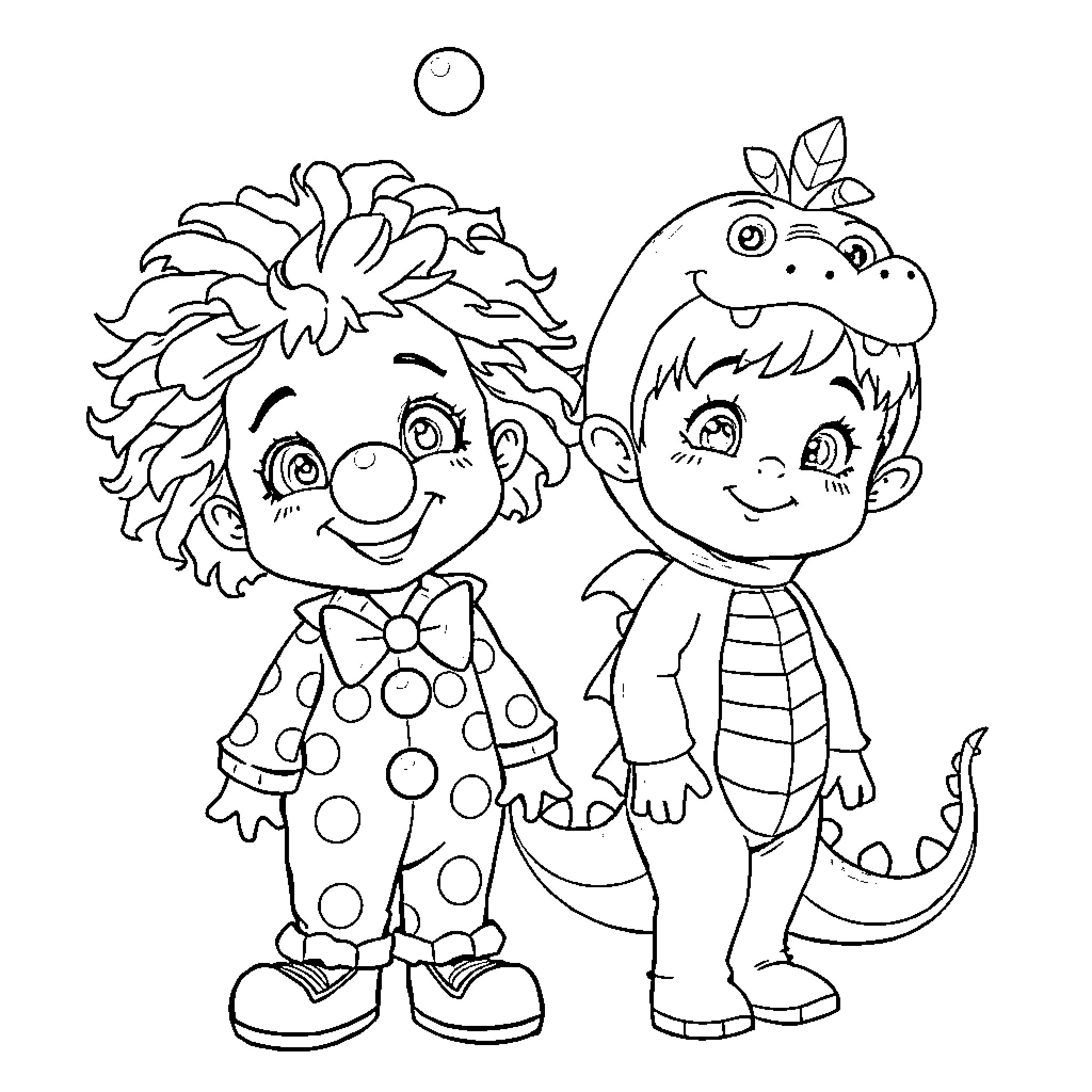 Child clown friends playing together Coloring Page (free black-and-white line drawing printable PDF for all, from beginners to advanced learners, including children, teens, adults, and seniors)