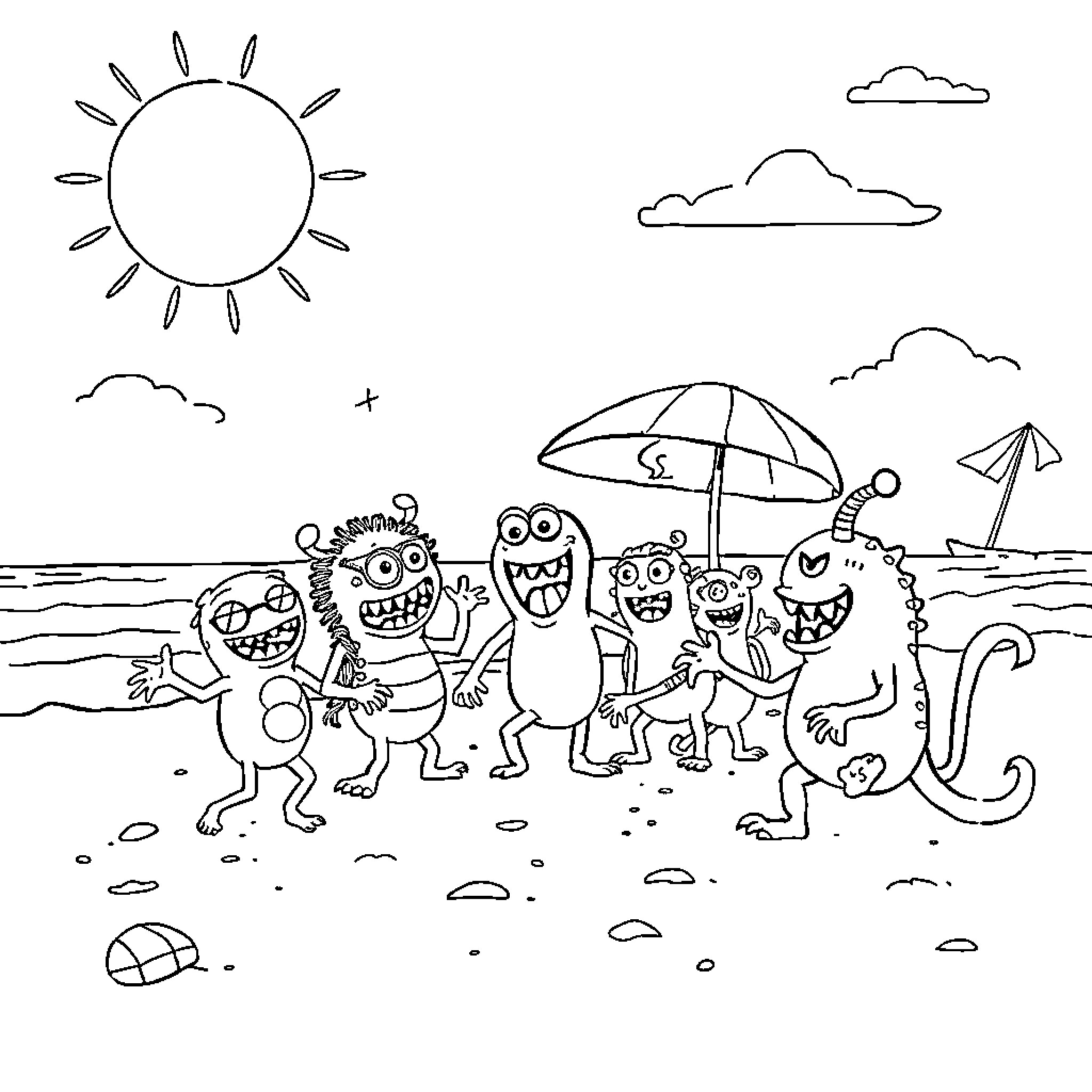 Monster family having fun at the beach Coloring Page (free black-and-white line drawing printable PDF for all, from beginners to advanced learners, including children, teens, adults, and seniors)