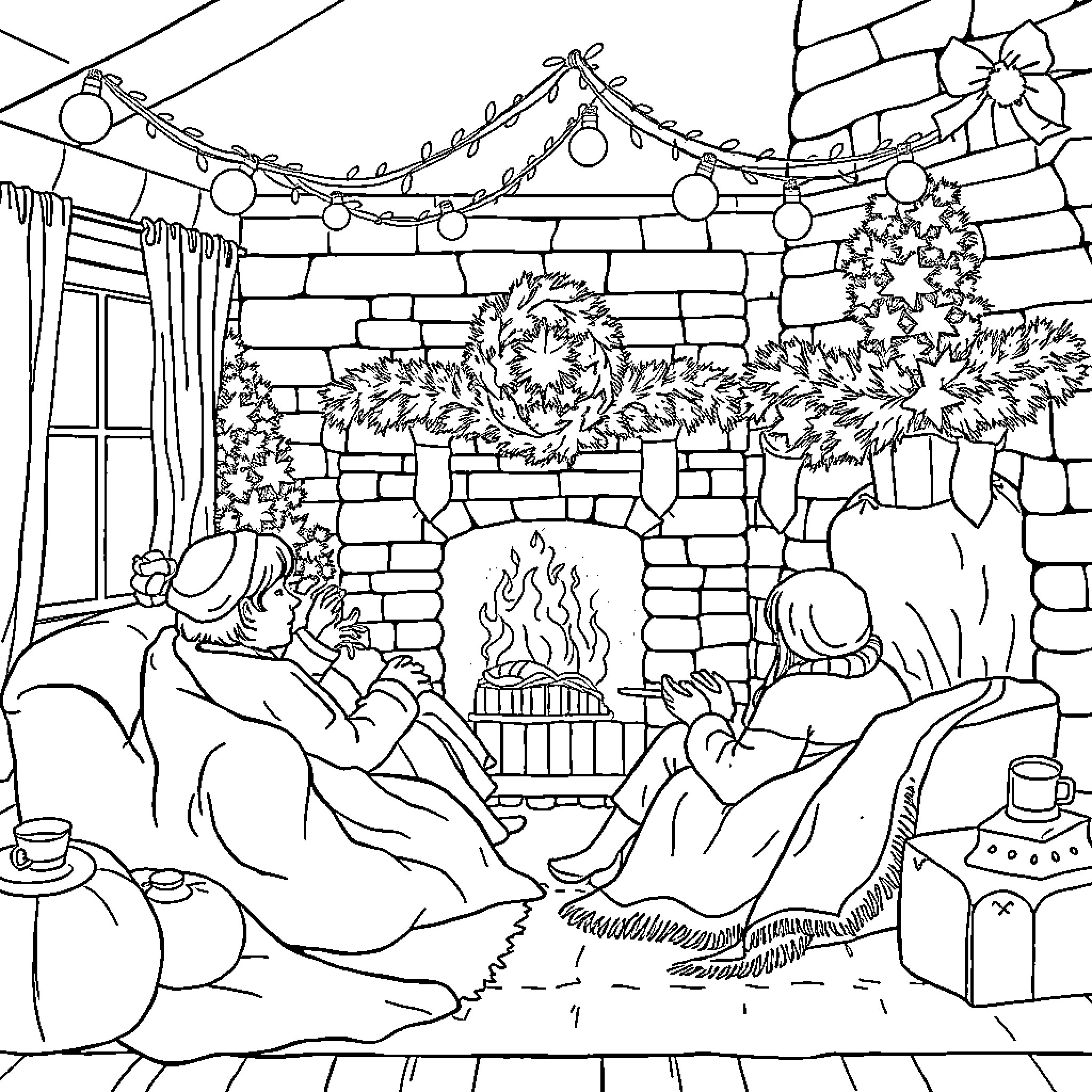 Christmas Cozy Fireplace Scene with Stockings and Decorations Coloring Page (free black-and-white line drawing printable PDF for all, from beginners to advanced learners, including children, teens, adults, and seniors)