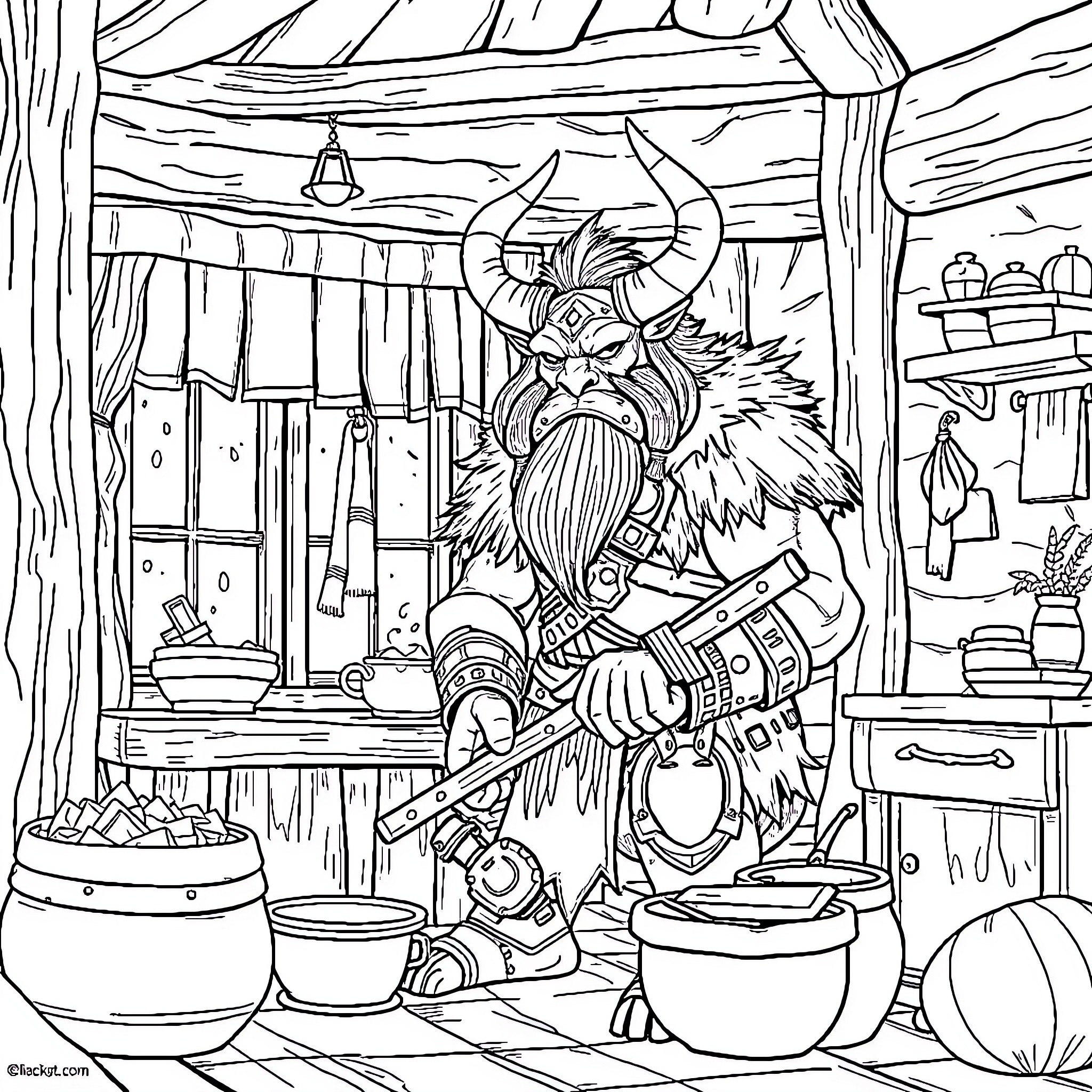 Tauren Alchemist Brewing Potions in Cozy Cabin Coloring Page (free black-and-white line drawing printable PDF for all, from beginners to advanced learners, including children, teens, adults, and seniors)