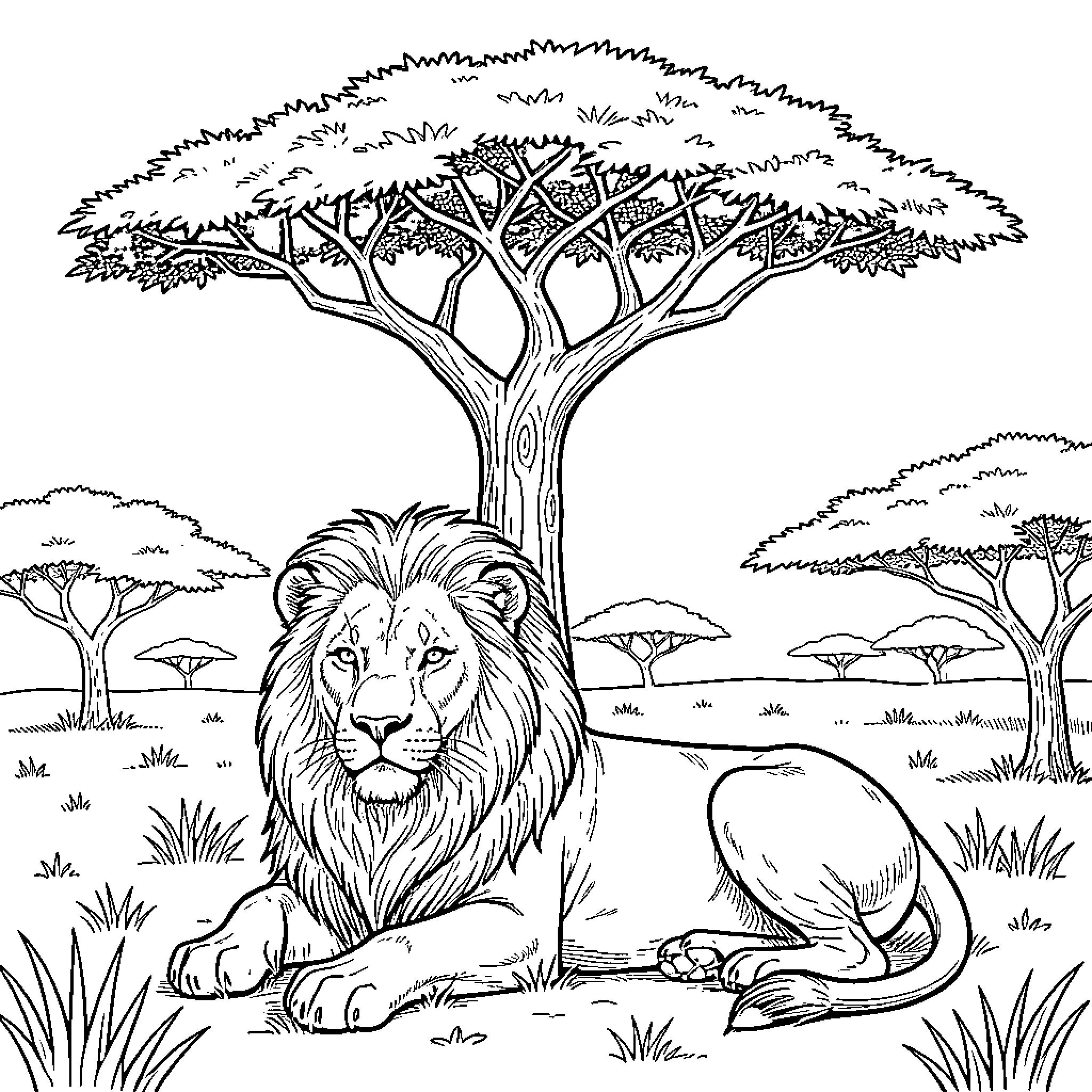 Lion resting under a large tree in the savanna Coloring Page (free black-and-white line drawing printable PDF for all, from beginners to advanced learners, including children, teens, adults, and seniors)