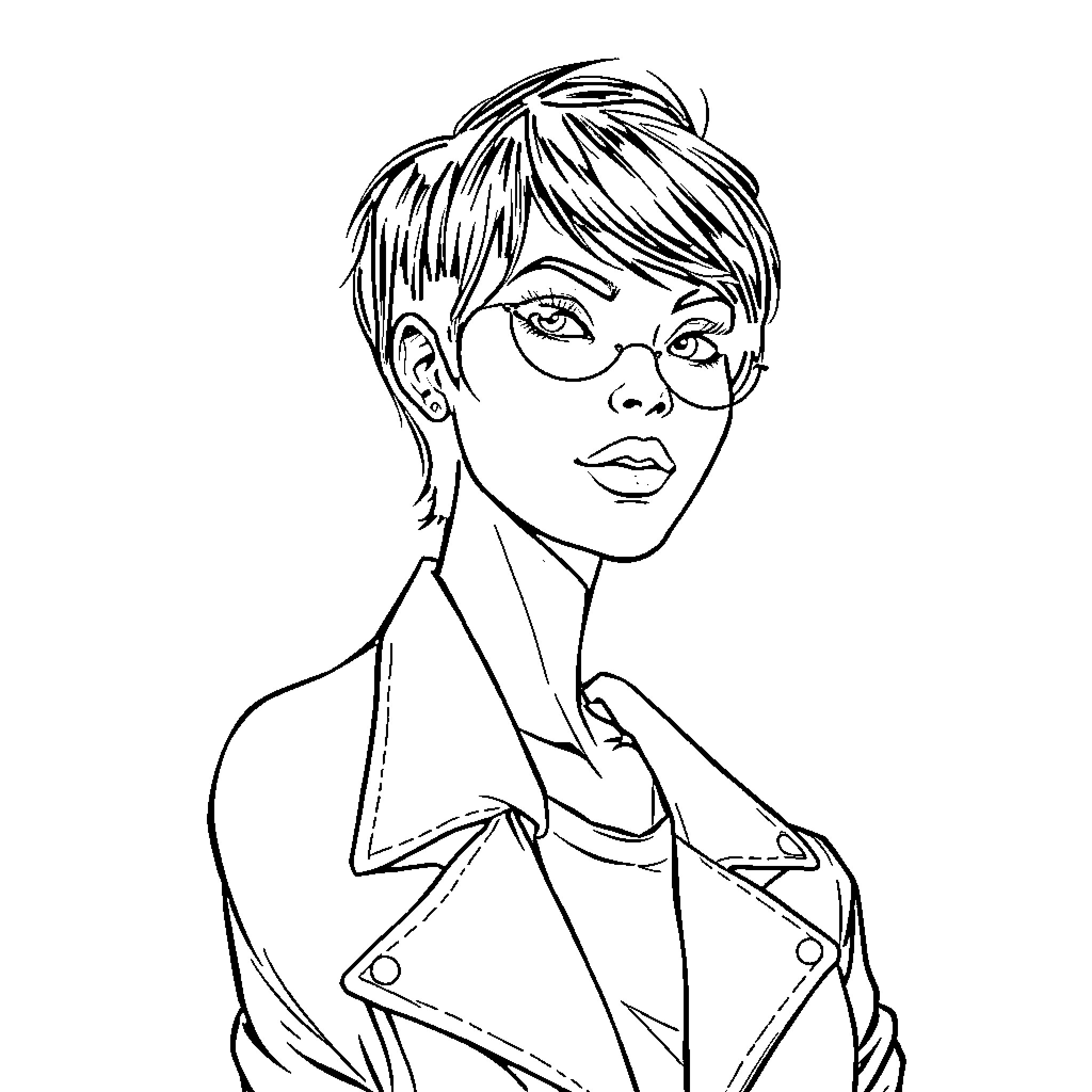 Woman in thoughtful expression wearing glasses Coloring Page (free black-and-white line drawing printable PDF for all, from beginners to advanced learners, including children, teens, adults, and seniors)