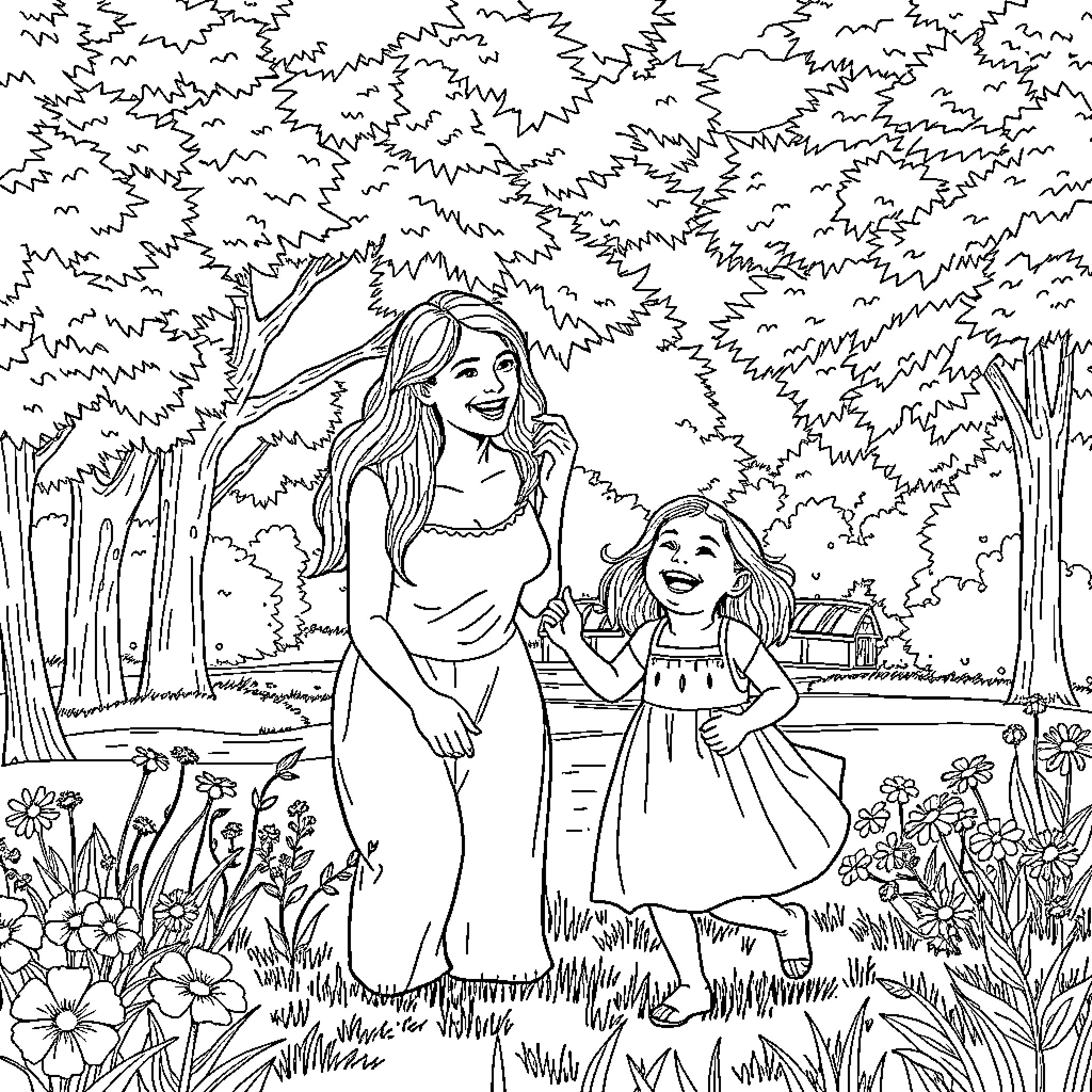 Mother and daughter enjoying nature's beauty Coloring Page (free black-and-white line drawing printable PDF for all, from beginners to advanced learners, including children, teens, adults, and seniors)