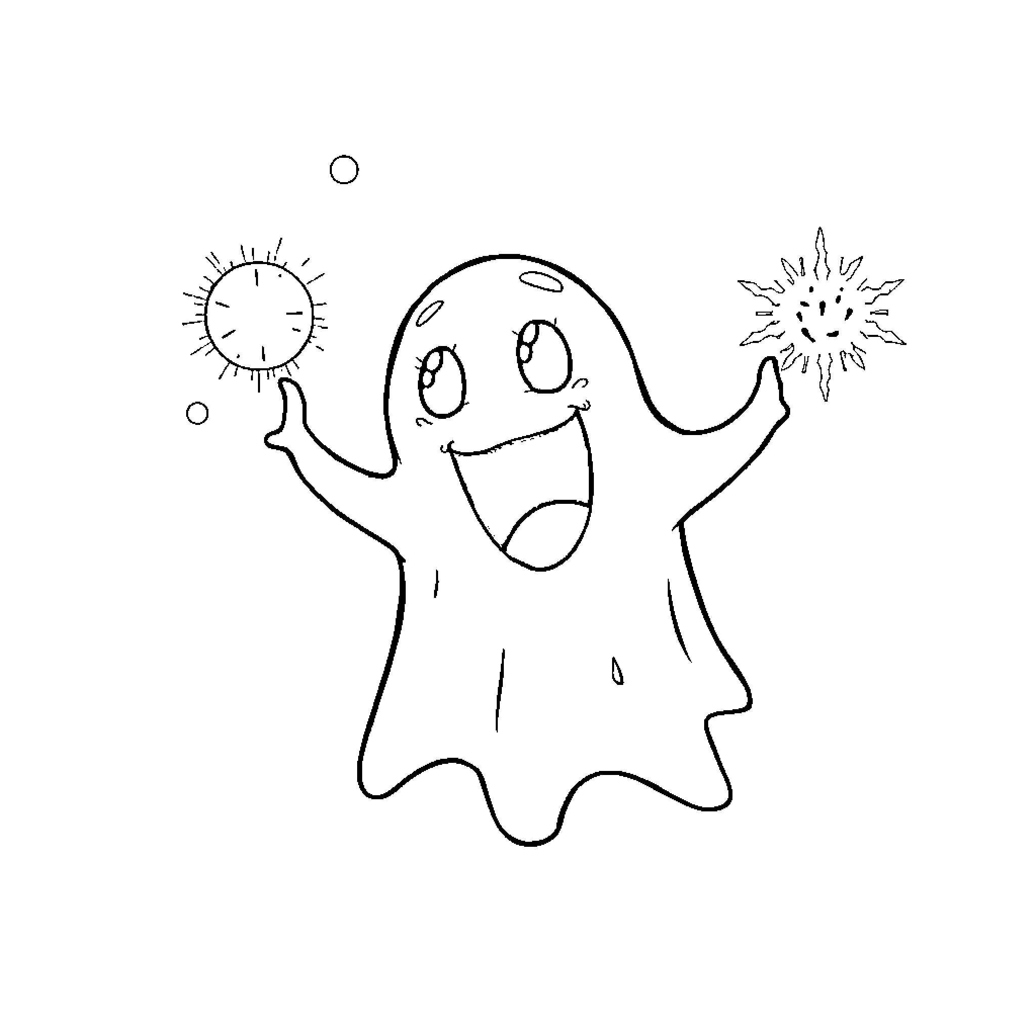 Ghost playing with clock and fireworks Coloring Page (free black-and-white line drawing printable PDF for all, from beginners to advanced learners, including children, teens, adults, and seniors)