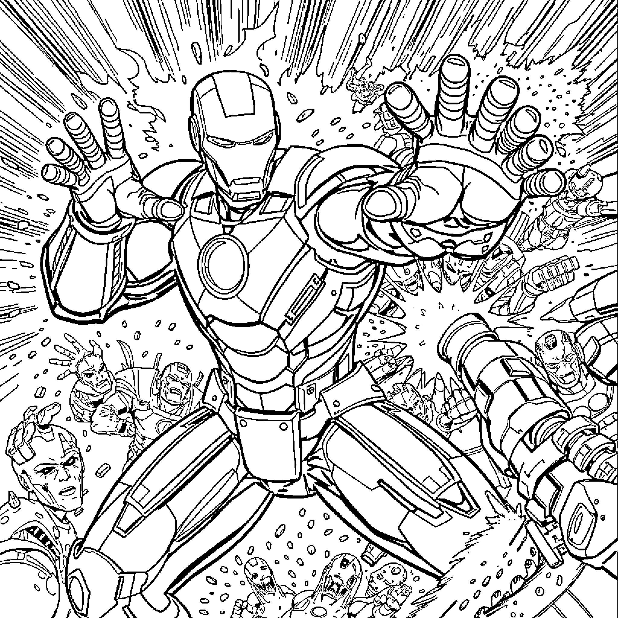 Ironman in explosive action battle Coloring Page (free black-and-white line drawing printable PDF for all, from beginners to advanced learners, including children, teens, adults, and seniors)
