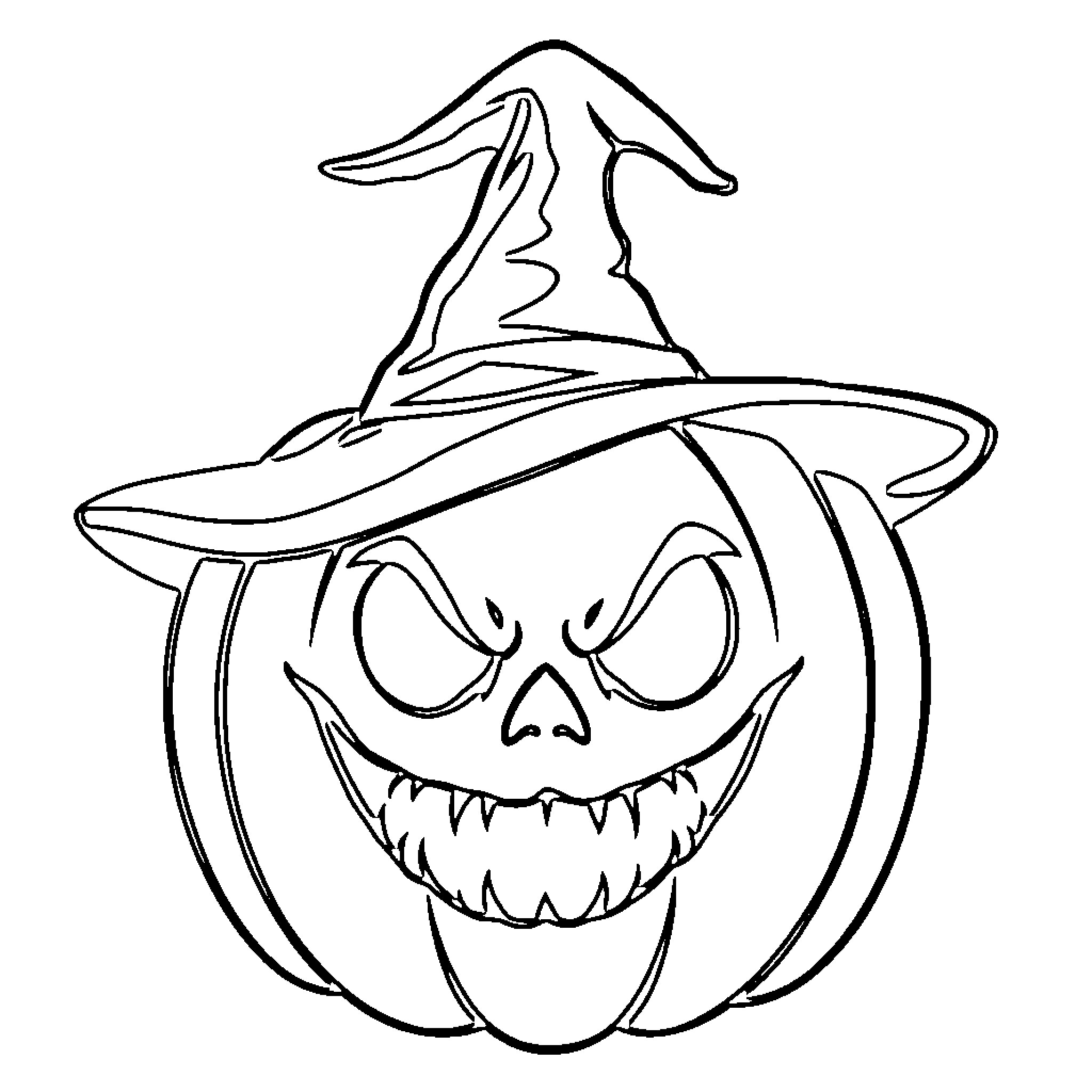 Pumpkin with spooky witch hat and evil expression Coloring Page (free black-and-white line drawing printable PDF for all, from beginners to advanced learners, including children, teens, adults, and seniors)