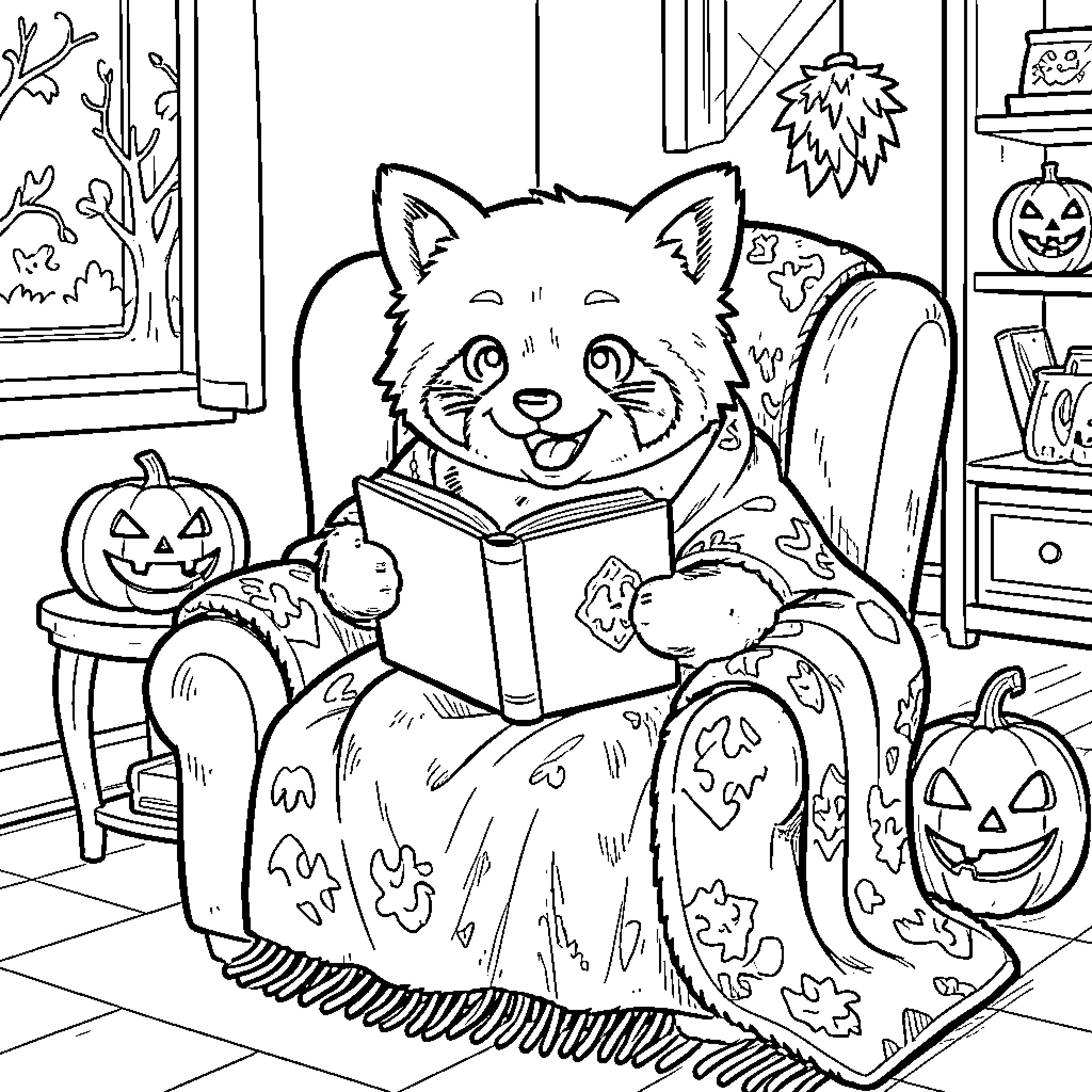 Panda sitting in an armchair reading a book Coloring Page (free black-and-white line drawing printable PDF for all, from beginners to advanced learners, including children, teens, adults, and seniors)