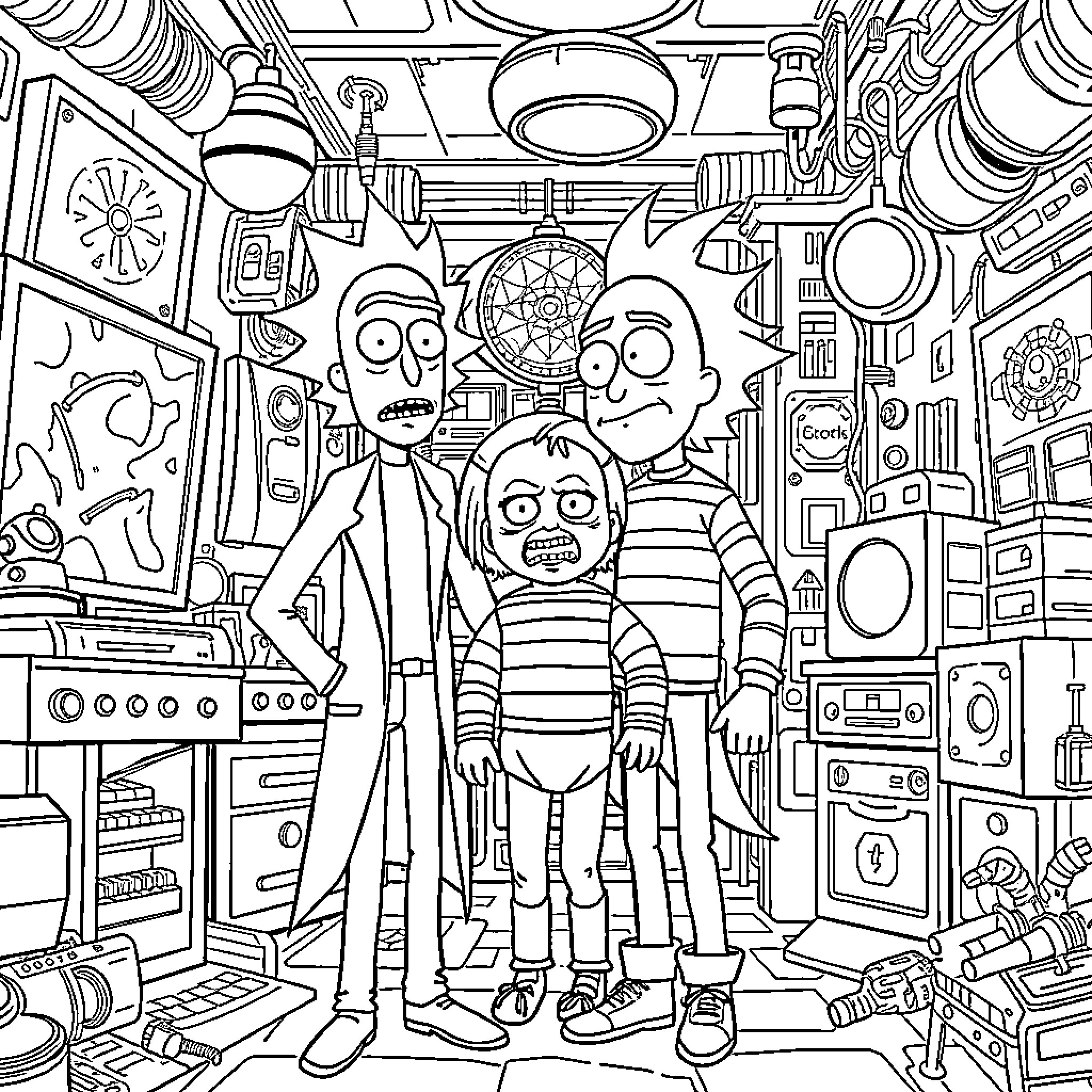 Rick And Morty Explore Eccentric Gadgets and Gizmos Coloring Page (free black-and-white line drawing printable PDF for all, from beginners to advanced learners, including children, teens, adults, and seniors)
