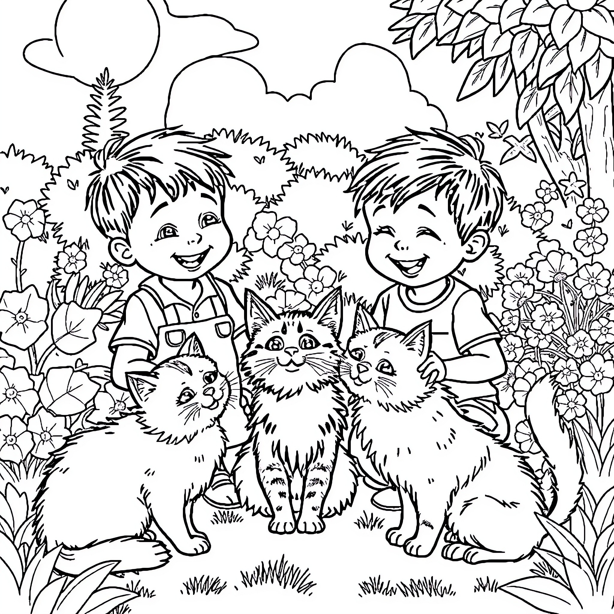 Boy and friend playing with cute kittens in nature Coloring Page (free black-and-white line drawing printable PDF for all, from beginners to advanced learners, including children, teens, adults, and seniors)