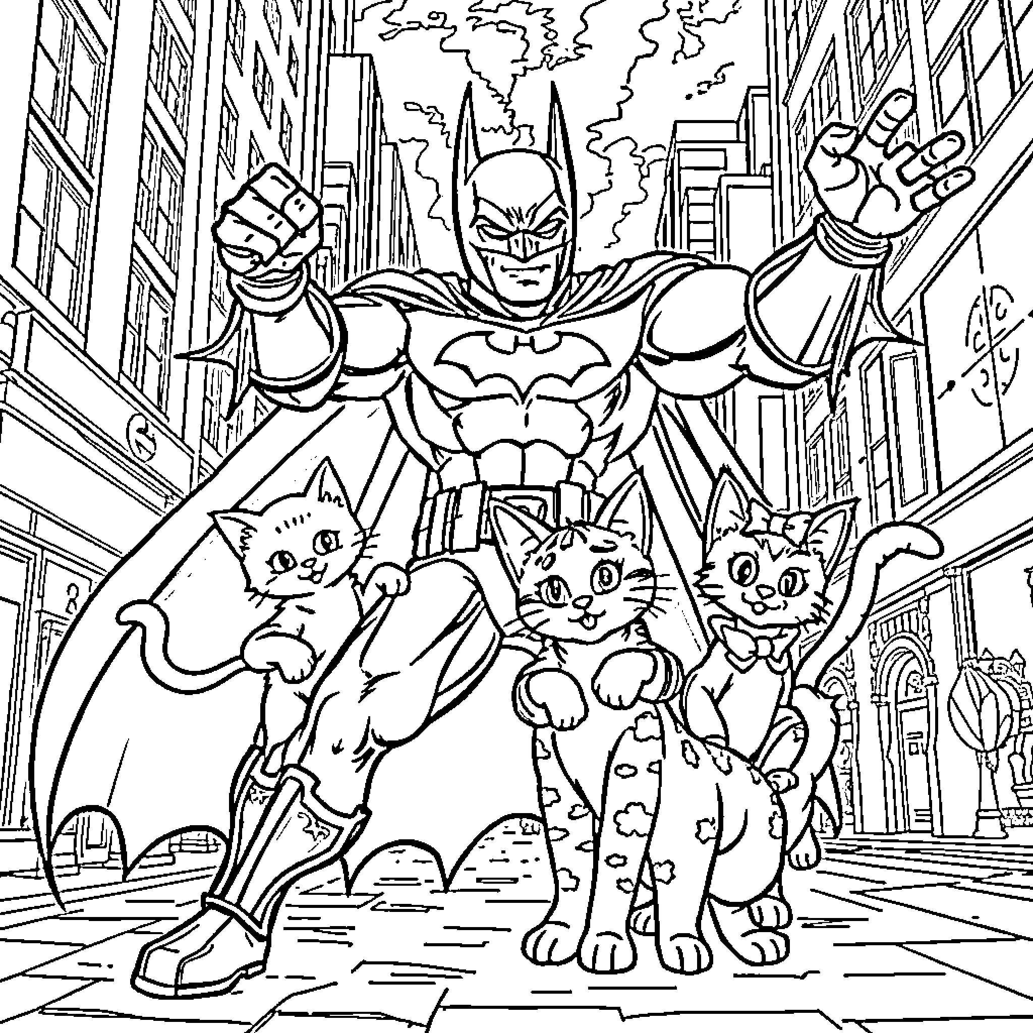 Batman and Cats in the City Coloring Page (free black-and-white line drawing printable PDF for all, from beginners to advanced learners, including children, teens, adults, and seniors)