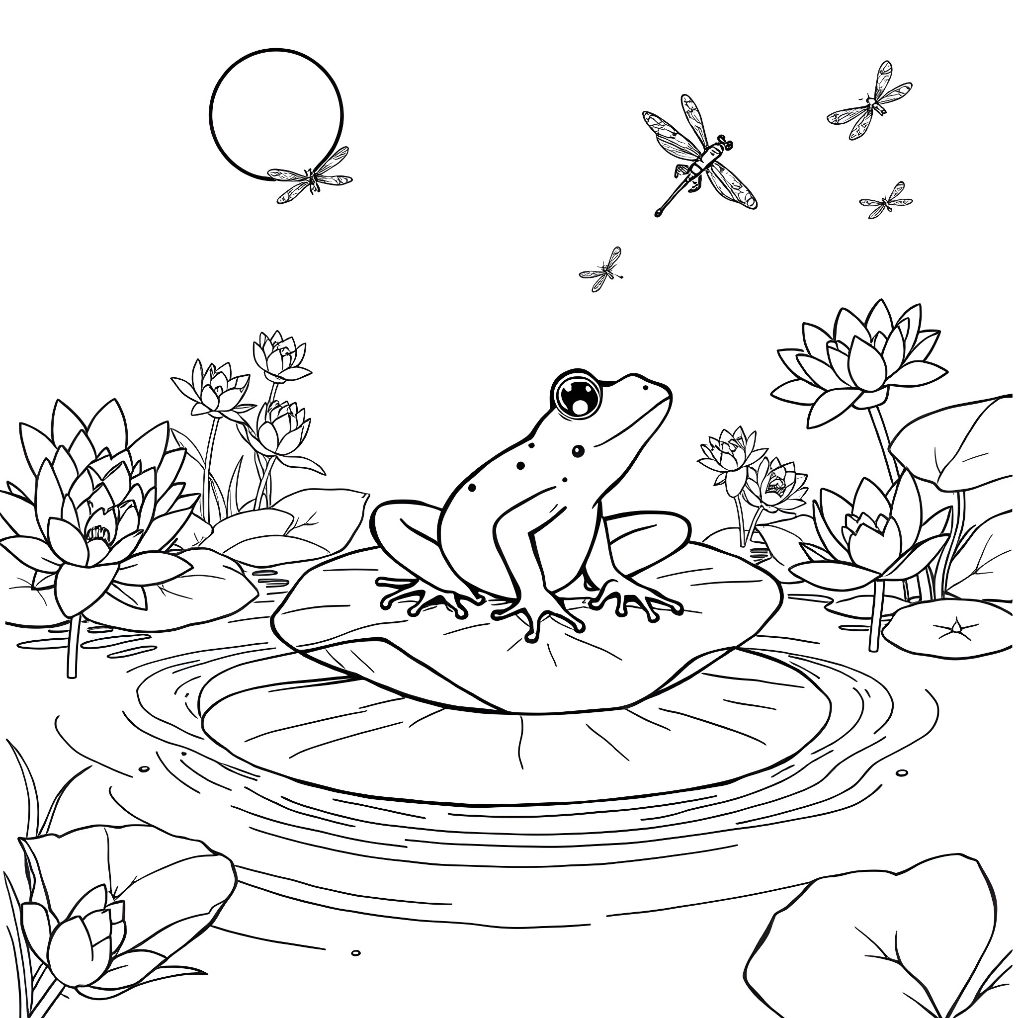 Frog resting on lily pad amidst dragonflies and flowers Coloring Page (free black-and-white line drawing printable PDF for all, from beginners to advanced learners, including children, teens, adults, and seniors)