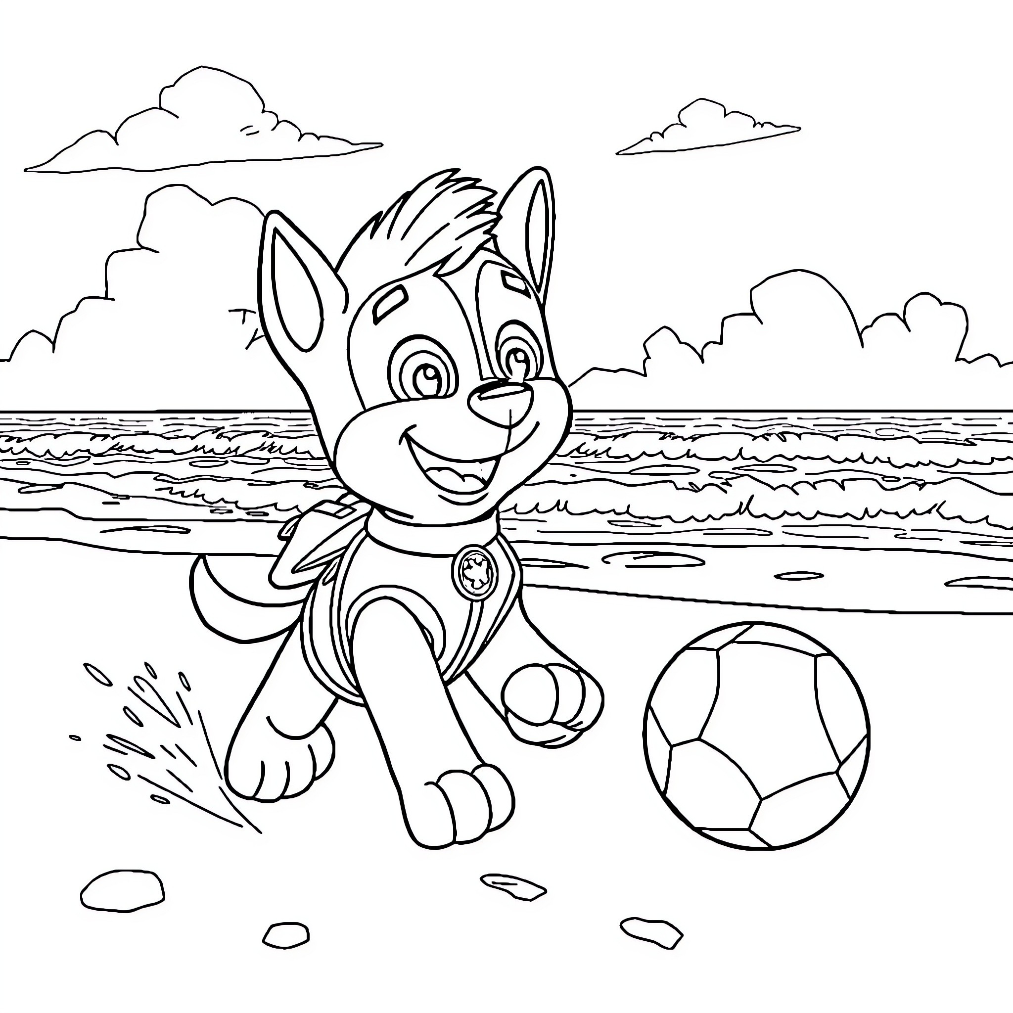 Chase the Playful Pup by the Beach Coloring Page (free black-and-white line drawing printable PDF for all, from beginners to advanced learners, including children, teens, adults, and seniors)