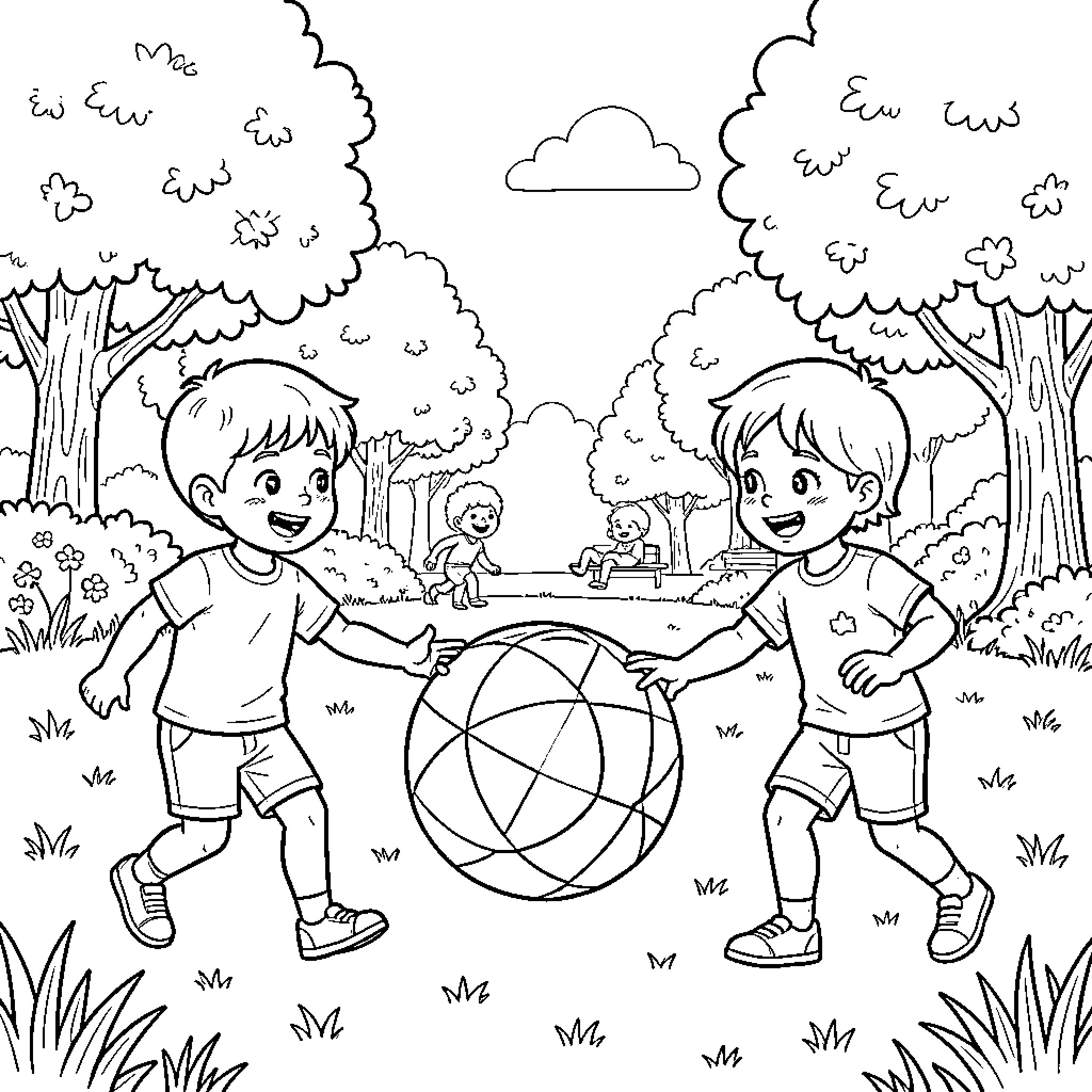 Ball playing kids enjoying outdoors Coloring Page (free black-and-white line drawing printable PDF for all, from beginners to advanced learners, including children, teens, adults, and seniors)