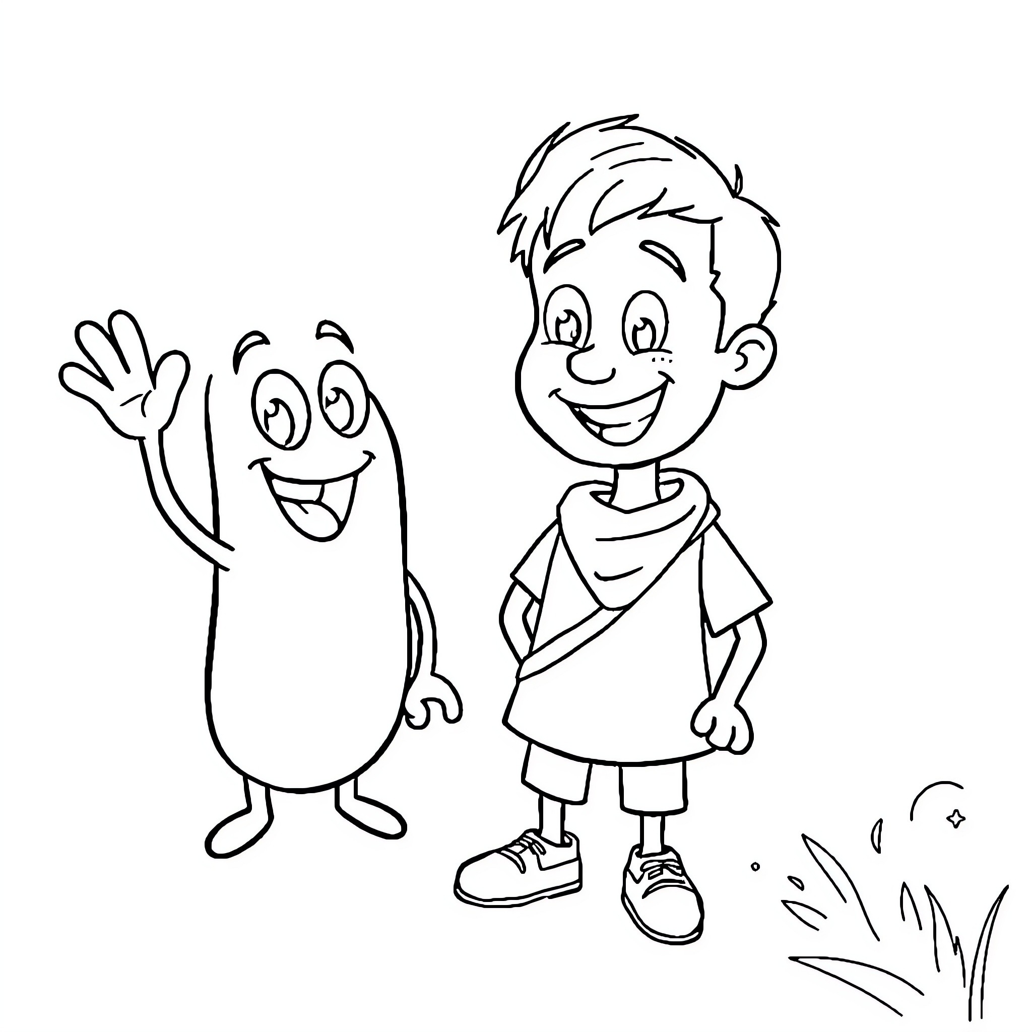 Blippi Waving Happily with Friend Coloring Page (free black-and-white line drawing printable PDF for all, from beginners to advanced learners, including children, teens, adults, and seniors)
